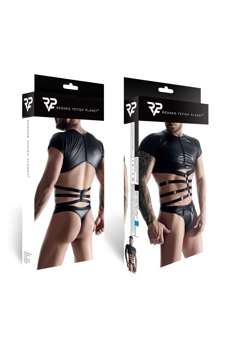 męski komplet z wetlooka: t-shirt z ozdobną gumą, stringi z ozdobną taśmą z przodu M