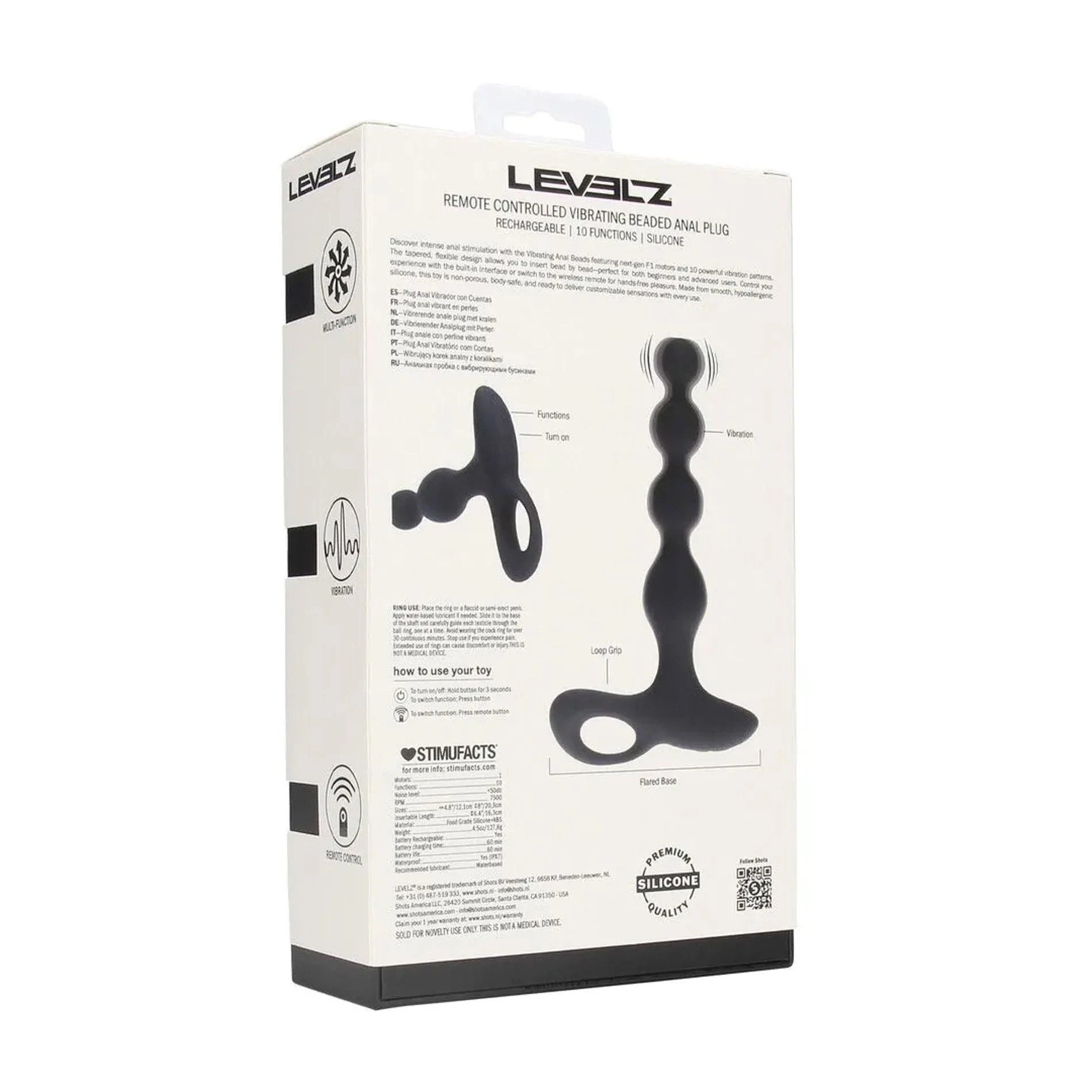 Plug anal vibrant en silicone perlé avec télécommande - Noir
