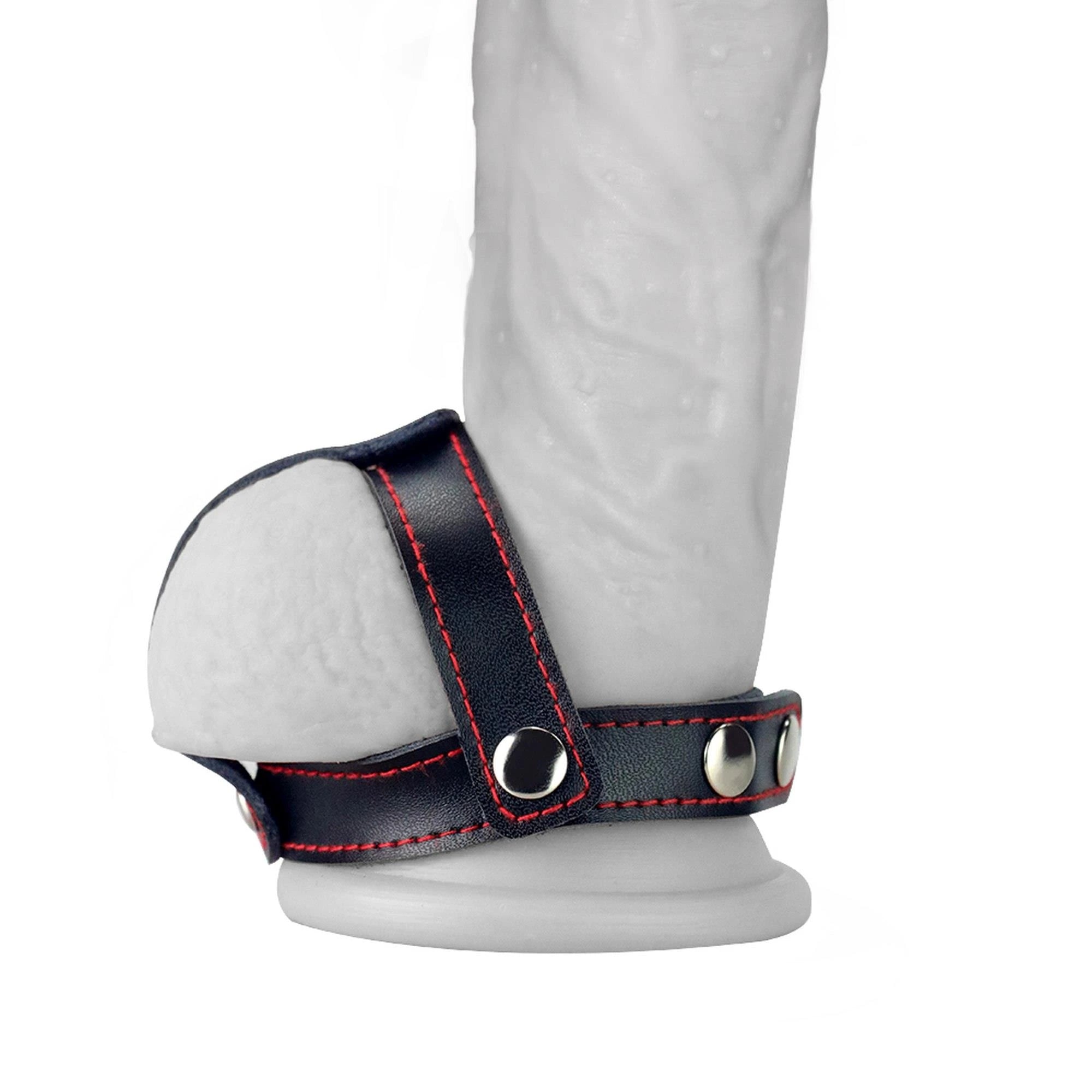 Anneau pénien en cuir avec séparateur de balles, style fétichiste bondage