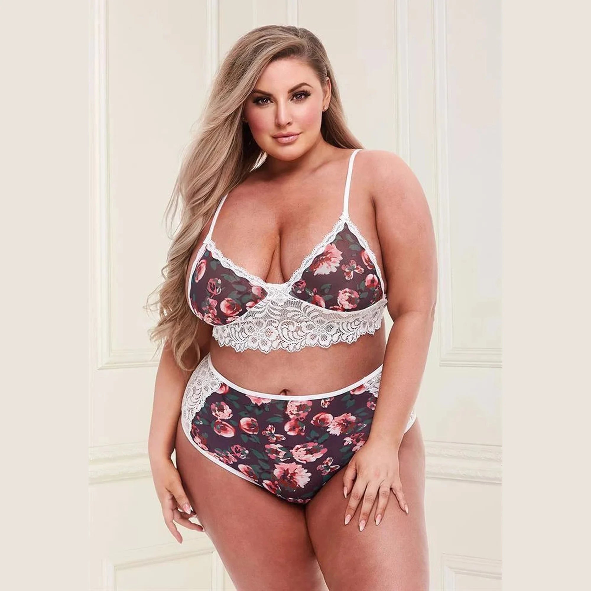 GREY FLORAL & LACE BRA SET, XL