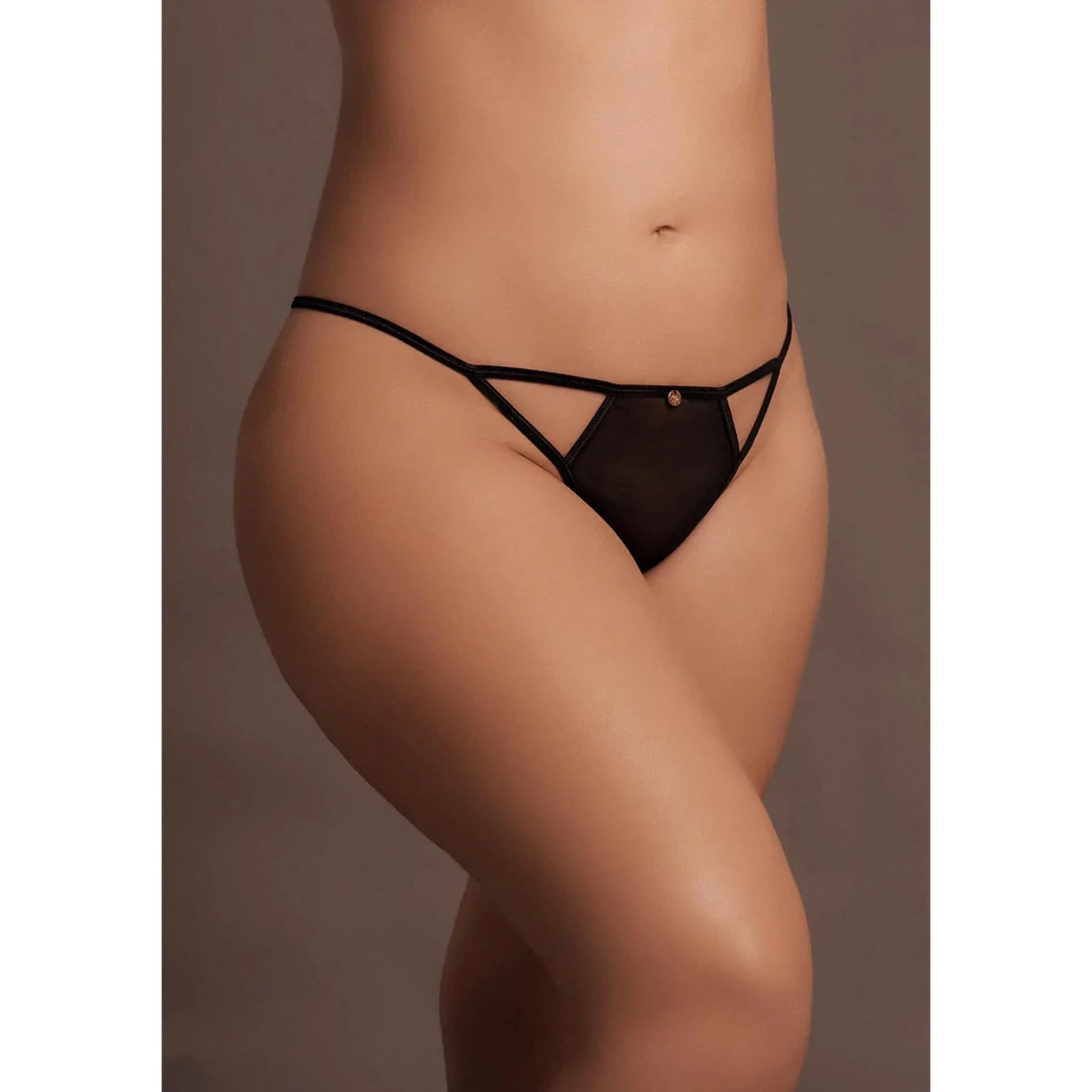 Julie - Elastic Mesh Thong with Open Crotch Adjustable Sliders - Queen Size -Black