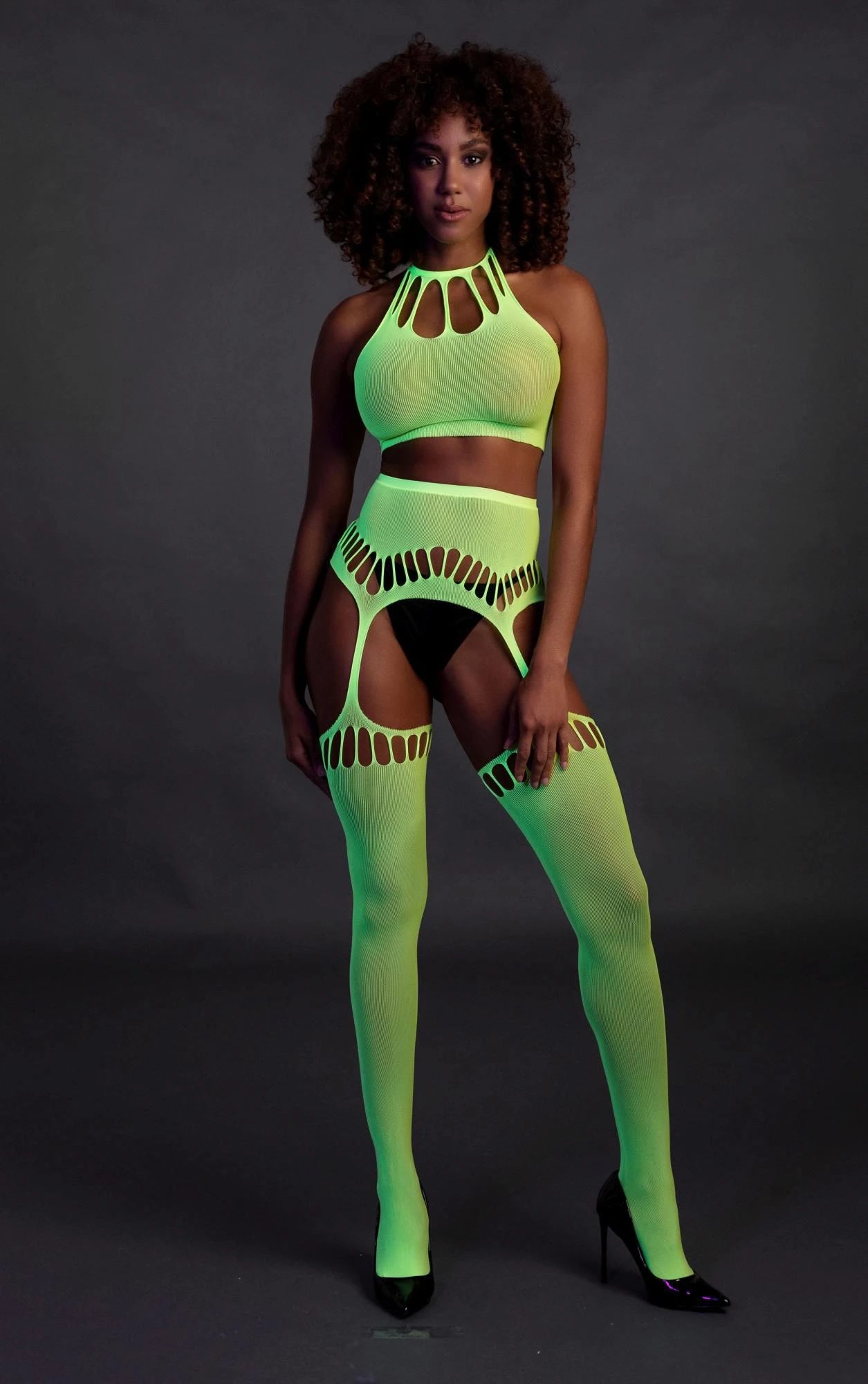 Two Piece with Crop Top and Stockings - One Size - Neon Green