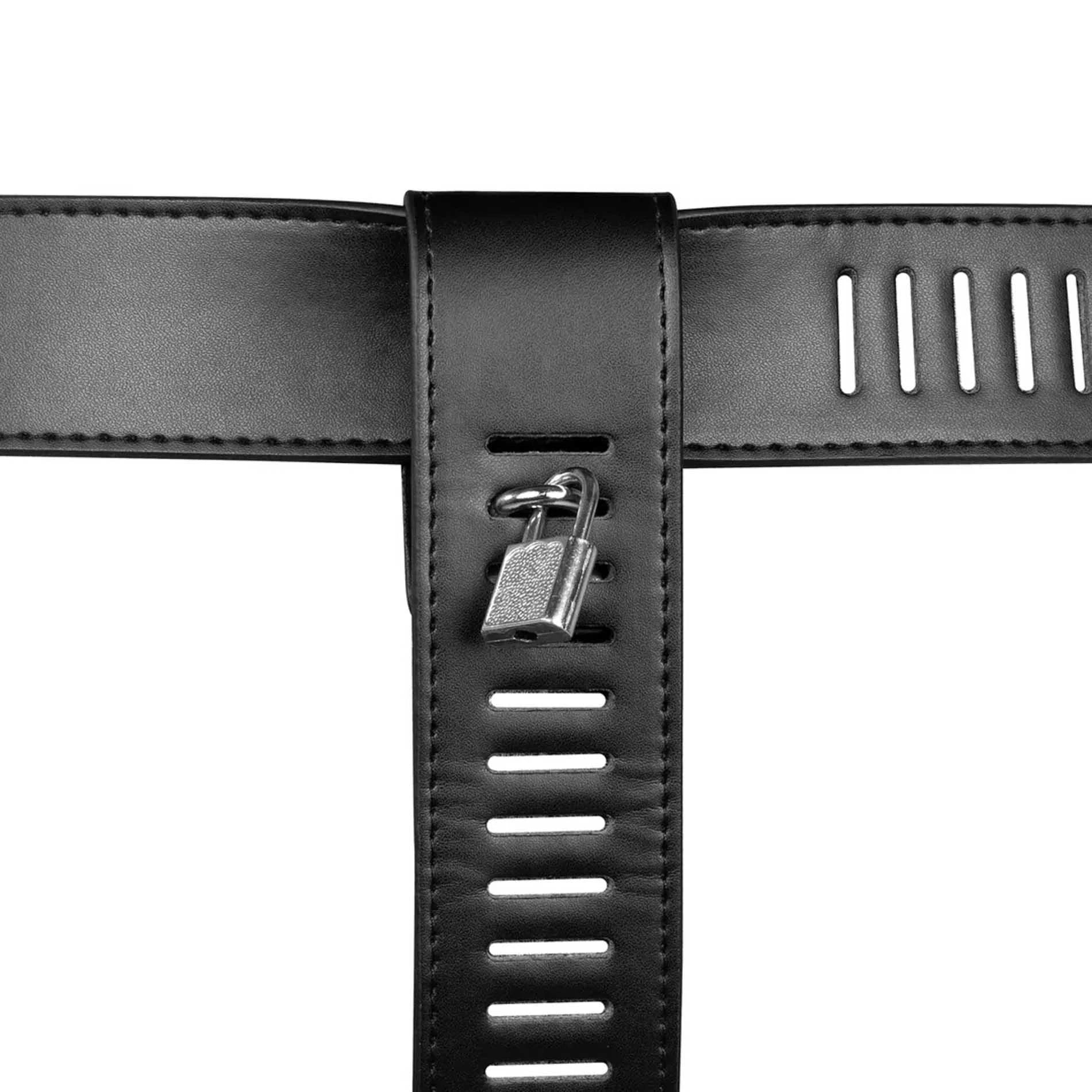 Ceinture de chasteté féminine en cuir synthétique avec contrainte de jambe – Noir
