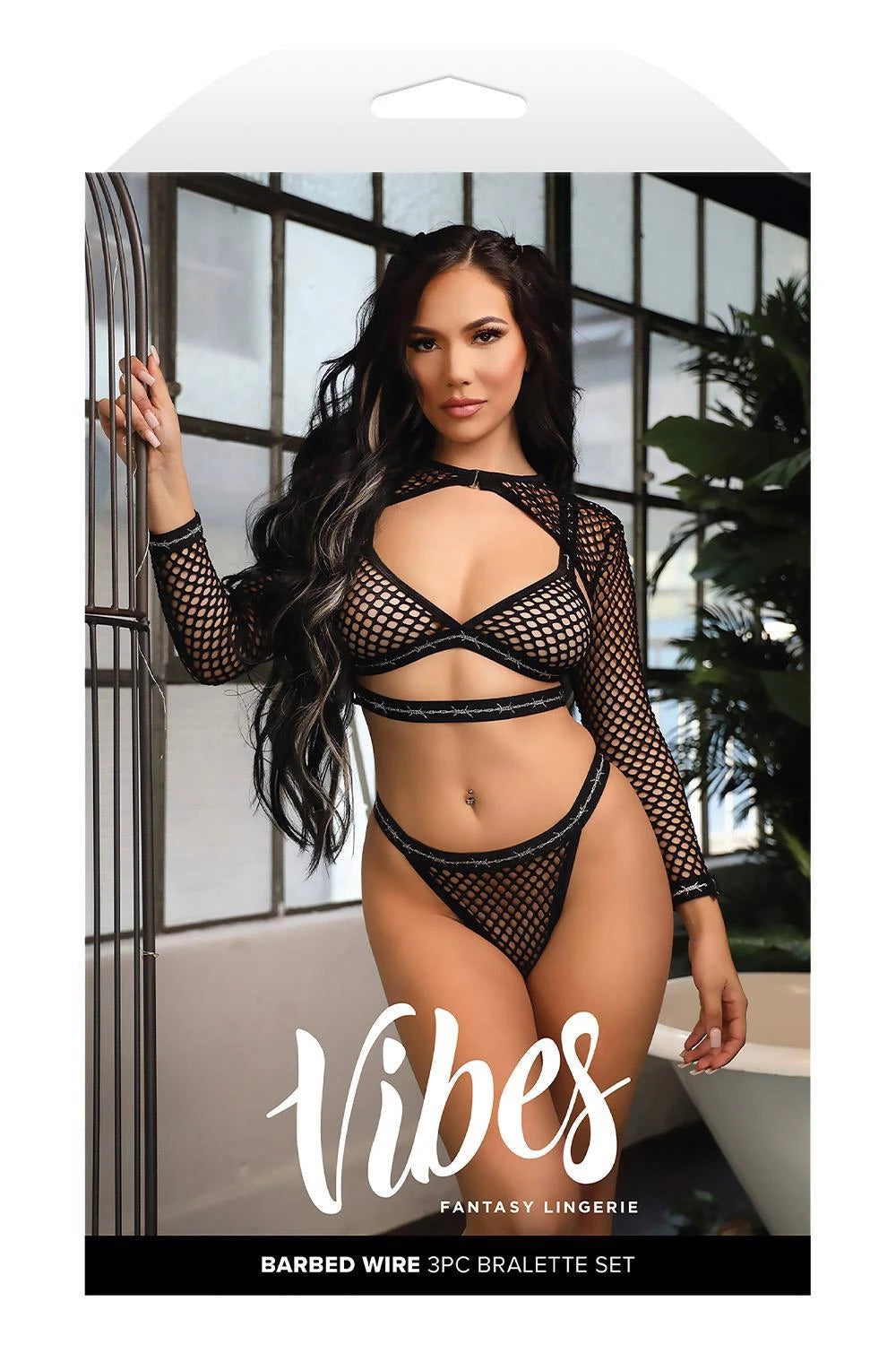 BARBED WIRE FISHNET BRALETTE, LONG SLEEVE SHRUG & PANTY, L/XL