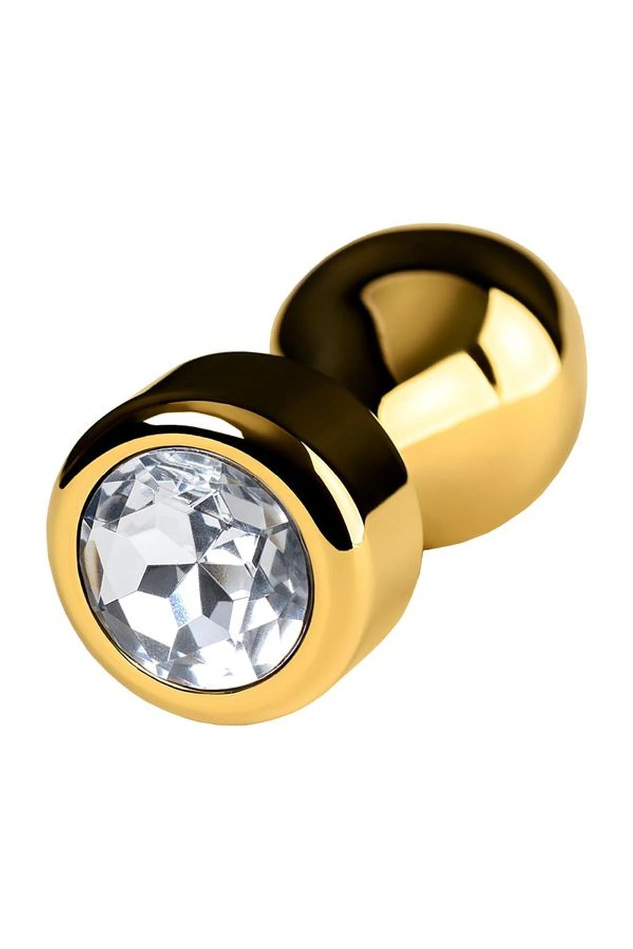 Gold anal plug TOYFA Metal with white round-shaped gem , length 7 cm, diameter 2-3.5 cm, weight 140 gr