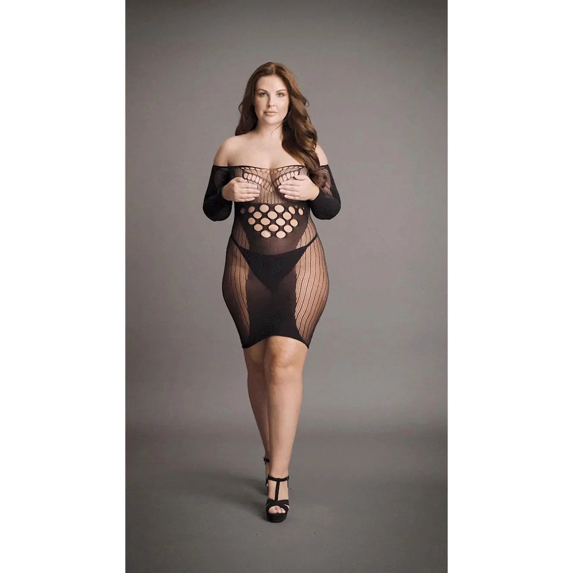 Contrast Net Long Sleeved Mini Dress - Queen Size - Black