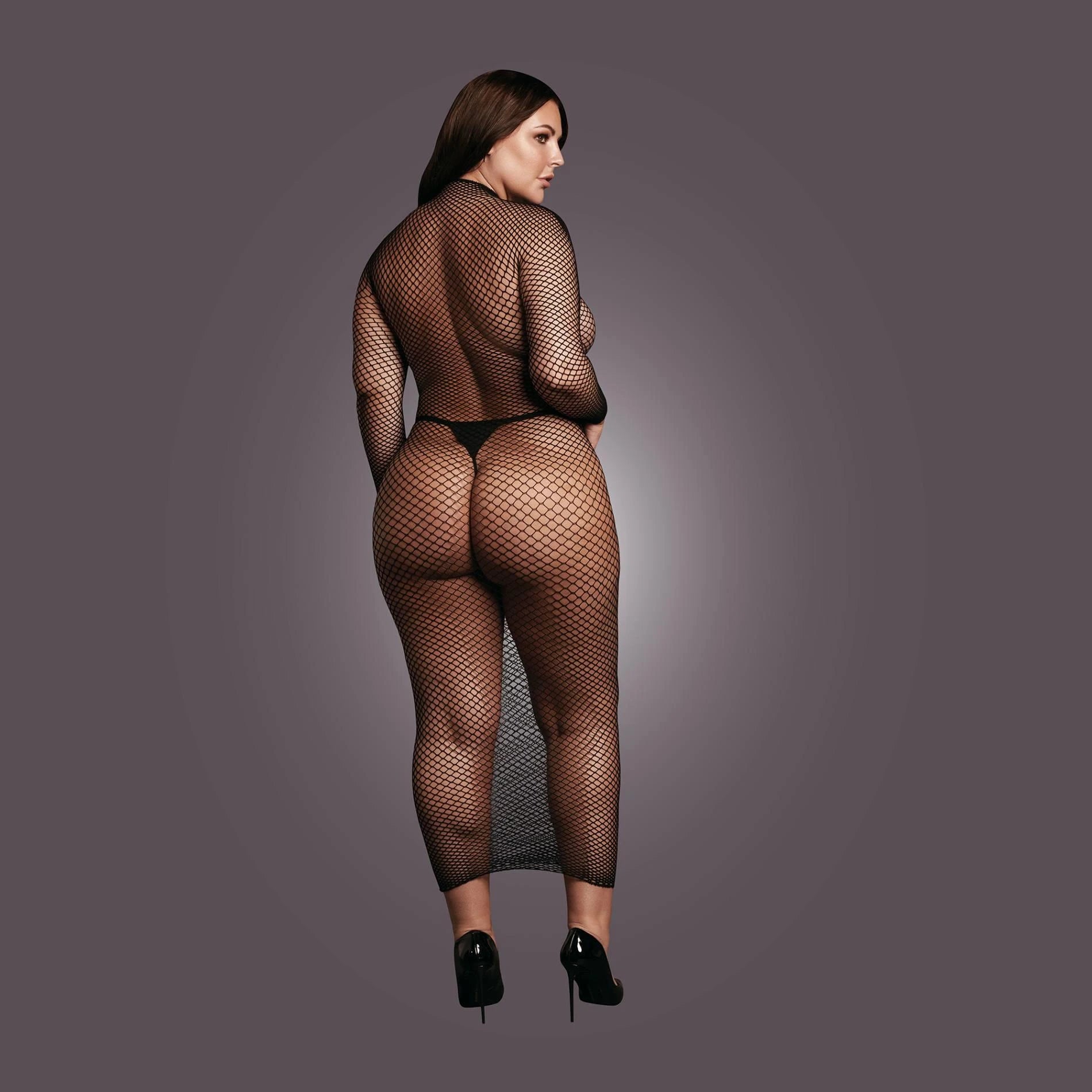 Long dress with a fishnet structure and turtleneck.