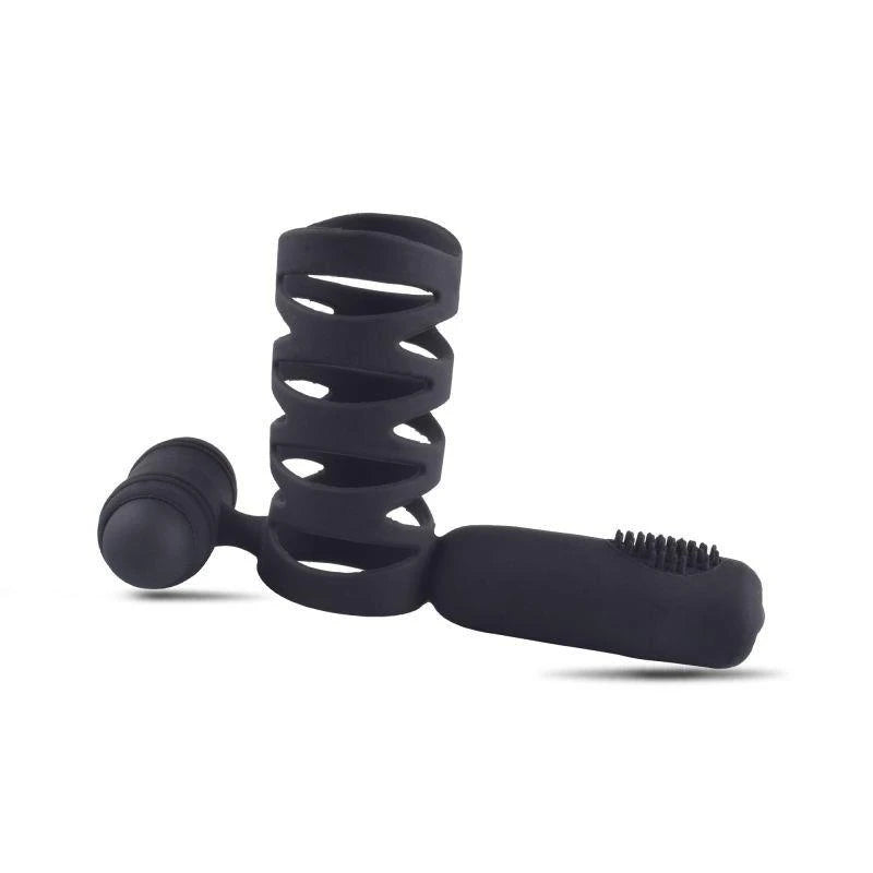 Cock ring with cage constriction and anal stimulator