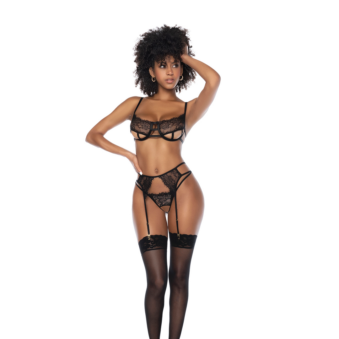 Yours Truly - Three Piece Open Cup Bra Set - L/XL - Black