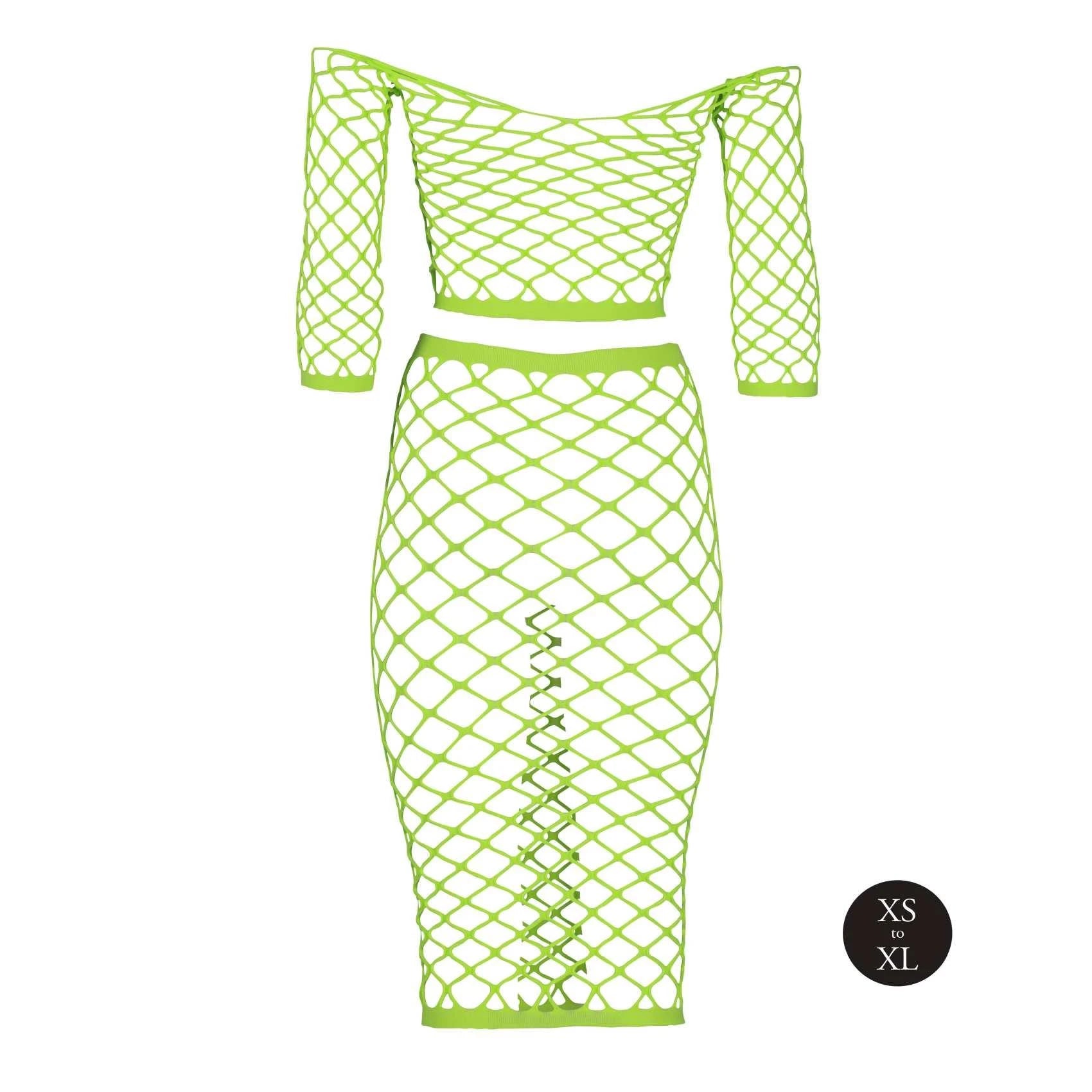 Long Sleeve Crop Top and Long Skirt - One Size - Neon Green