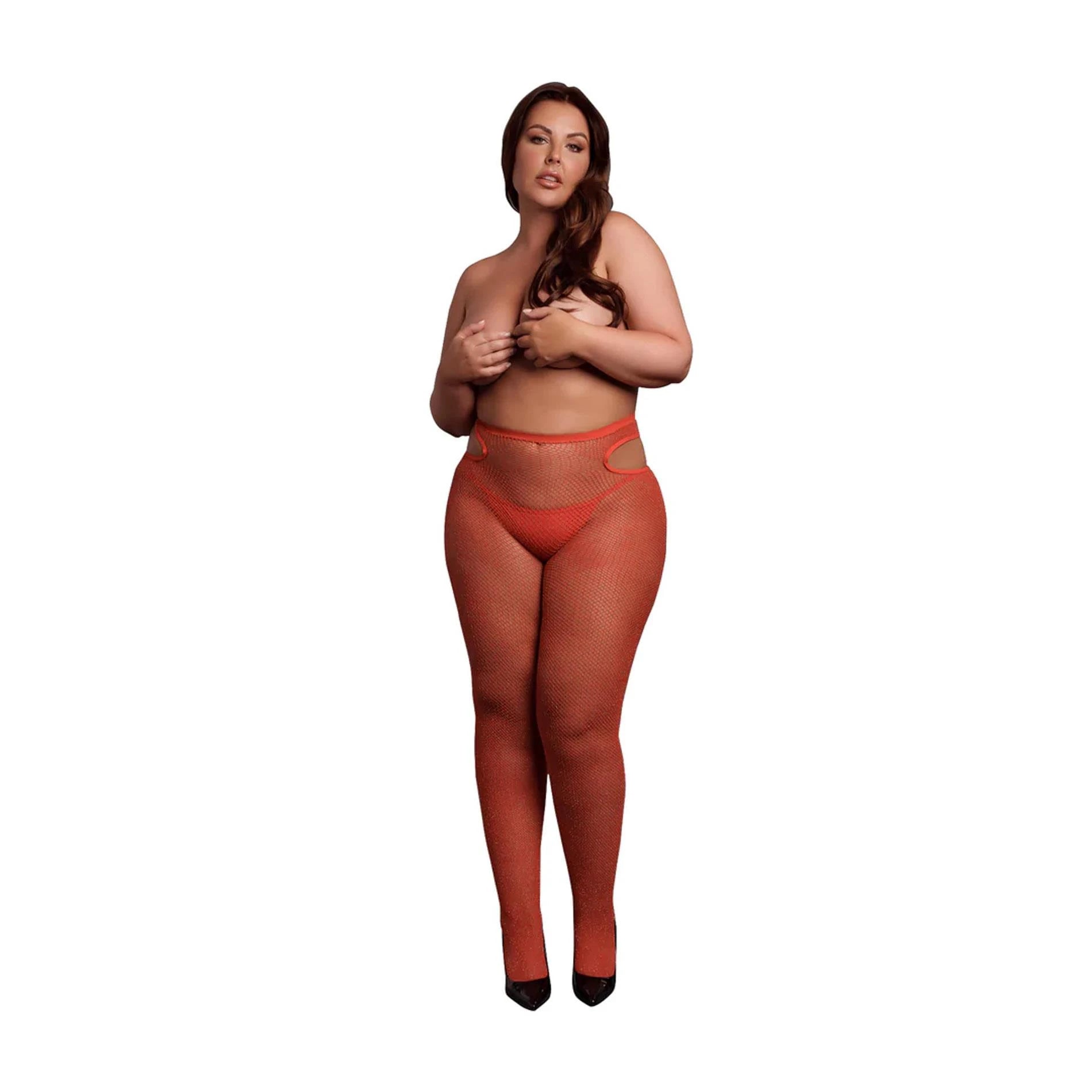 Collant ajourés scintillants - Grande taille - Rouge/doré pailleté