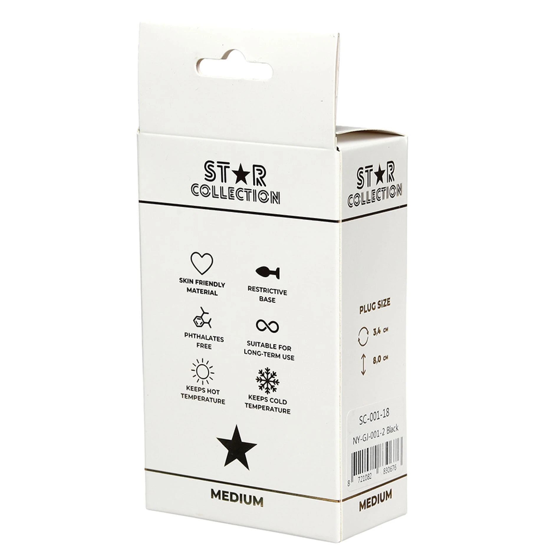 Star Collection - Black Silicone Anal Plug M - Light Blue Stone