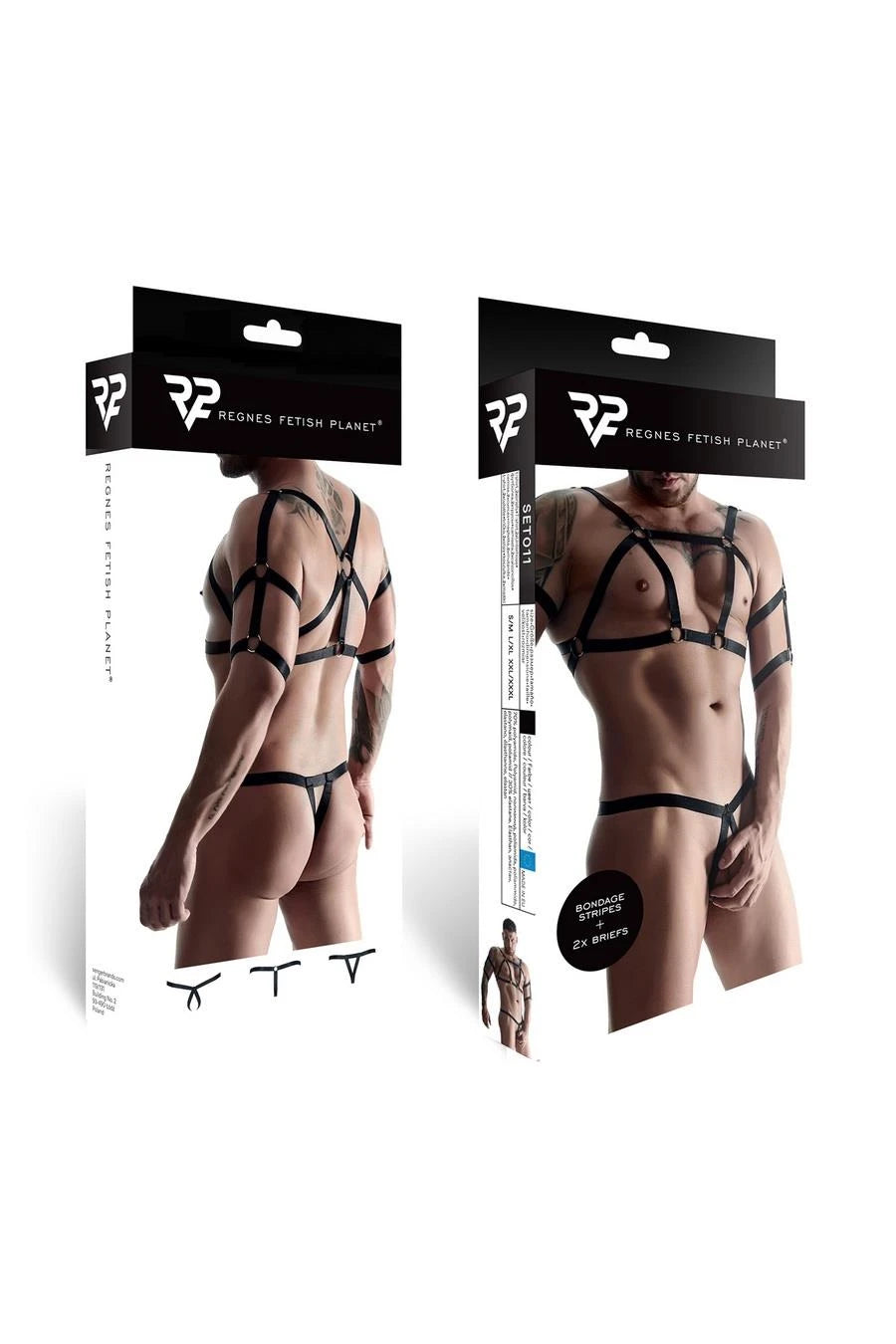 Ensemble masculin en caoutchouc : t-shirt avec décorations au dos et sur le devant, string 2 pièces S/M