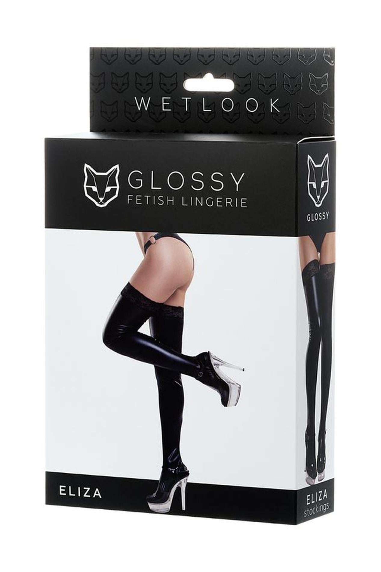Glossy Shiny Wetlook stockings with lace ELIZA - black L
