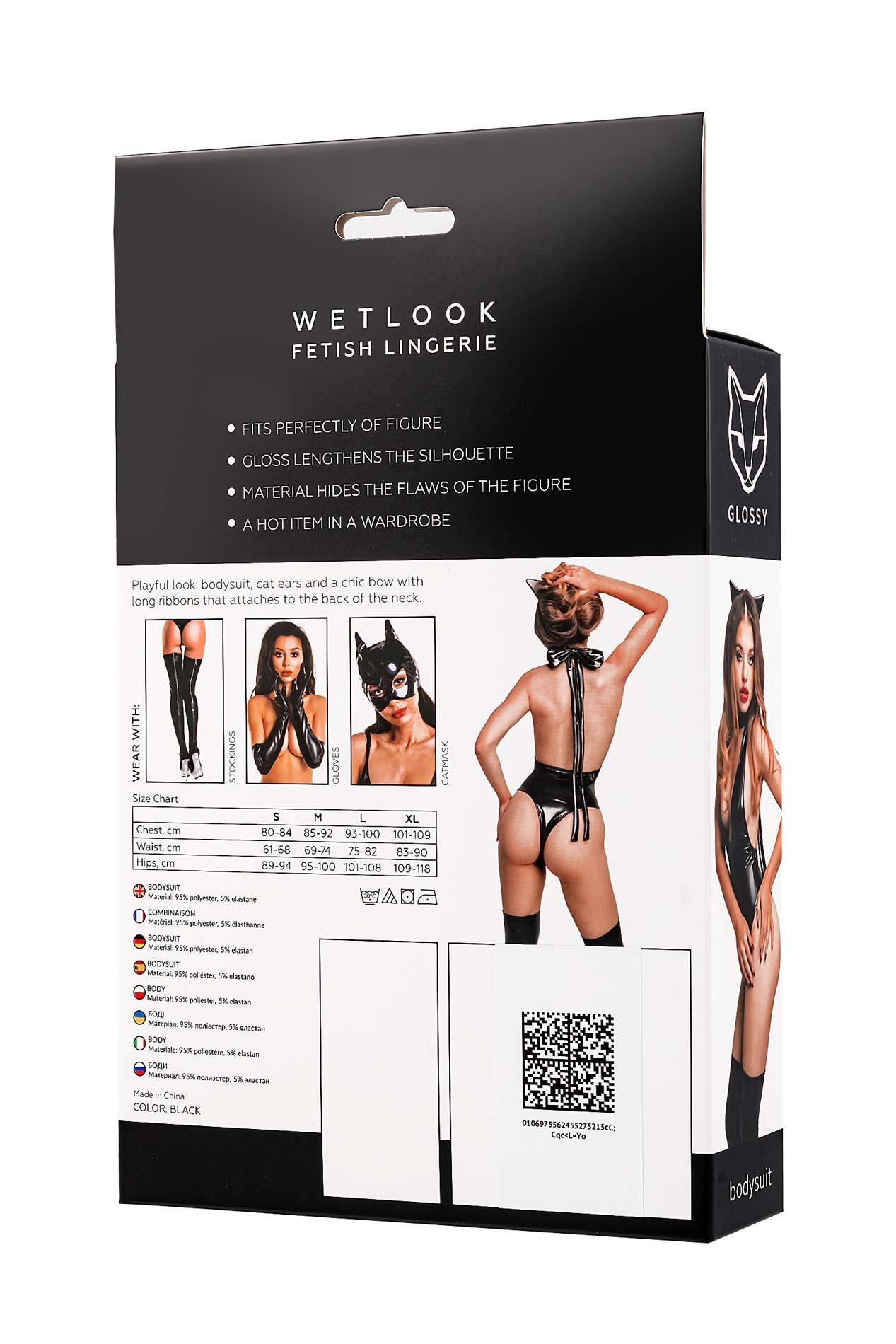 Glossy Kitti, body et oreilles de chat, wetlook, noir, L