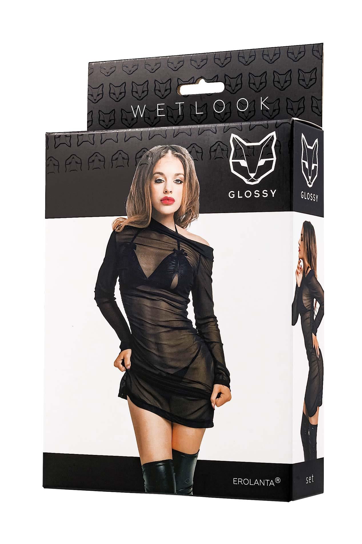 Glossy Sheril set (dress, bra + panties), wet-look, black, S