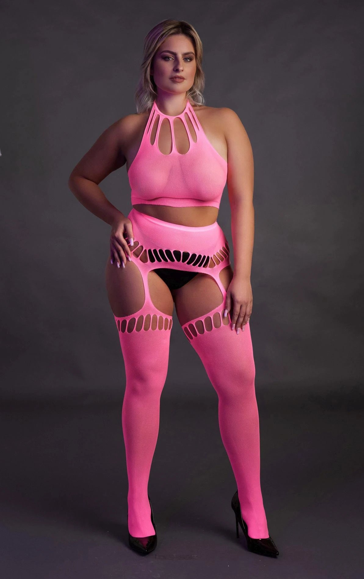 Two Piece with Crop Top and Stockings - Plus Size - Neon Pink