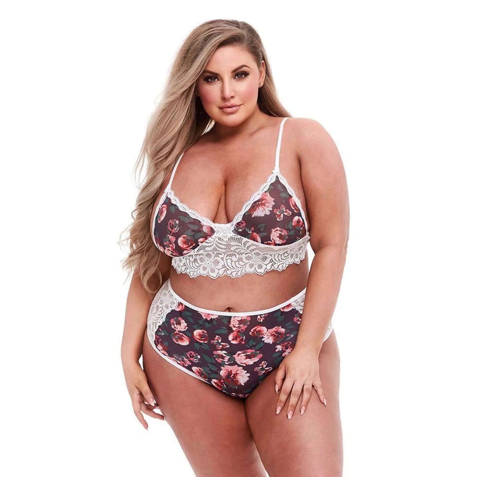 GREY FLORAL & LACE BRA SET, XL