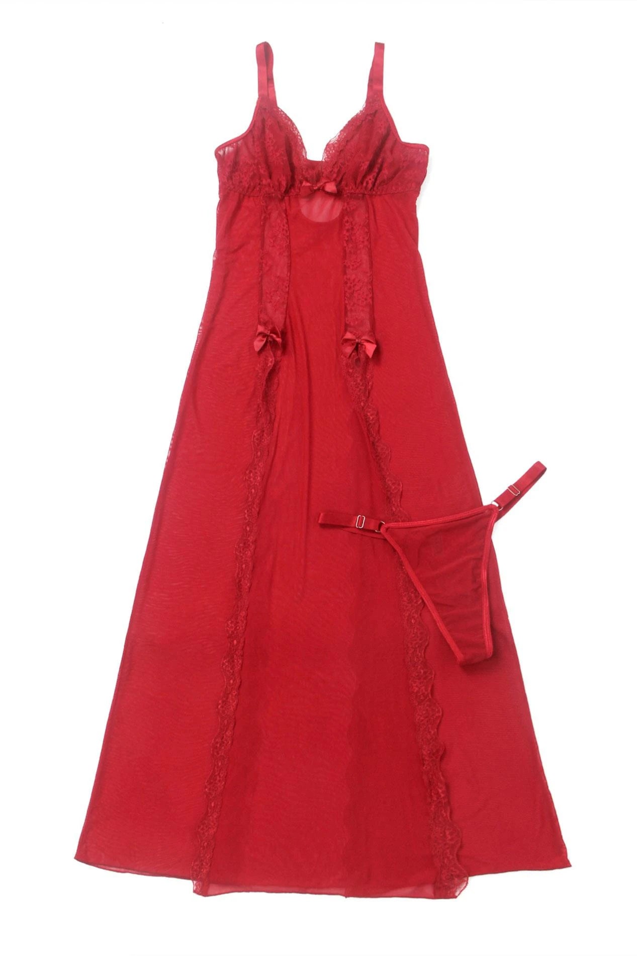 Chemise de nuit rouge longue et sexy + string S/M