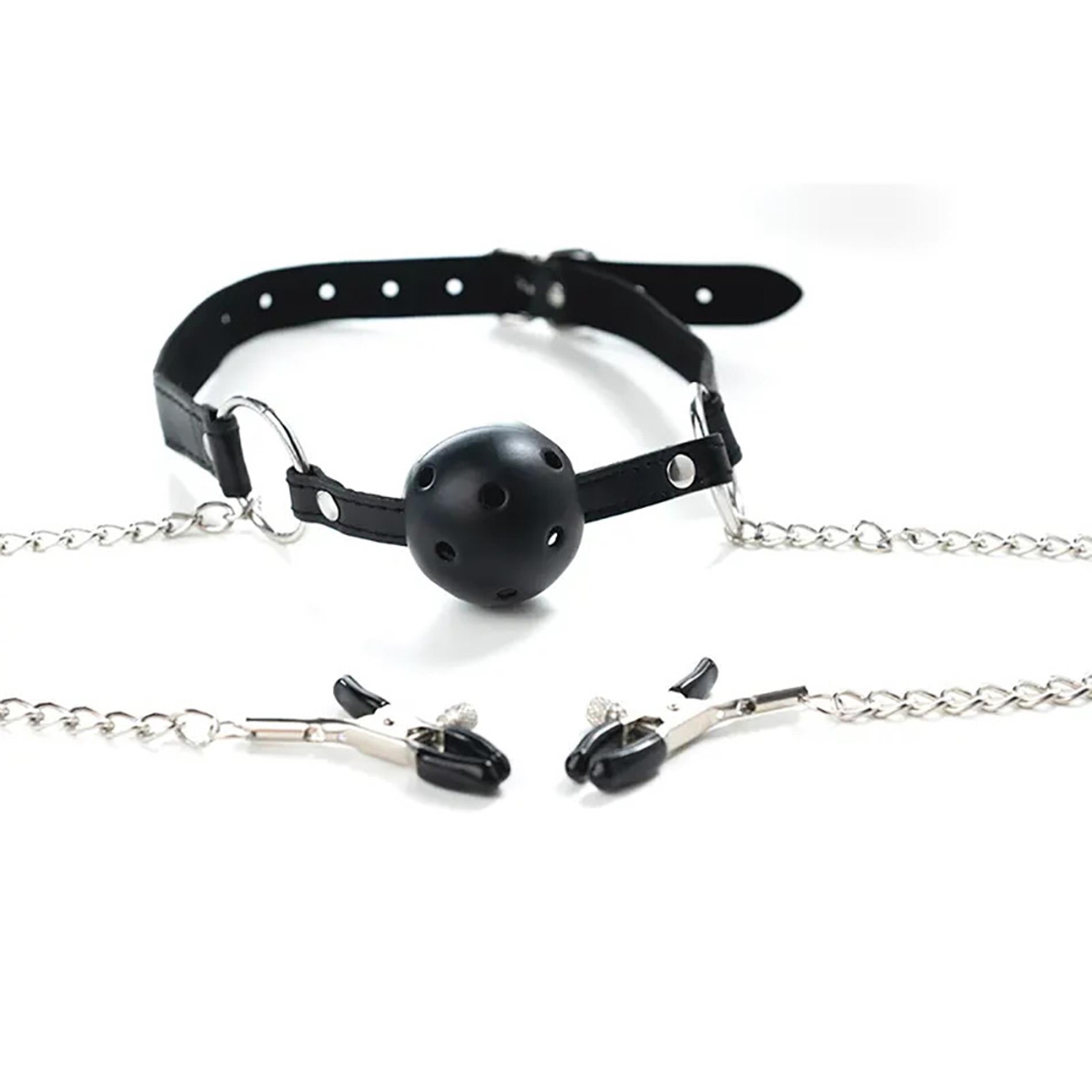 Breathable ball gag with adjustable nipple clamps.