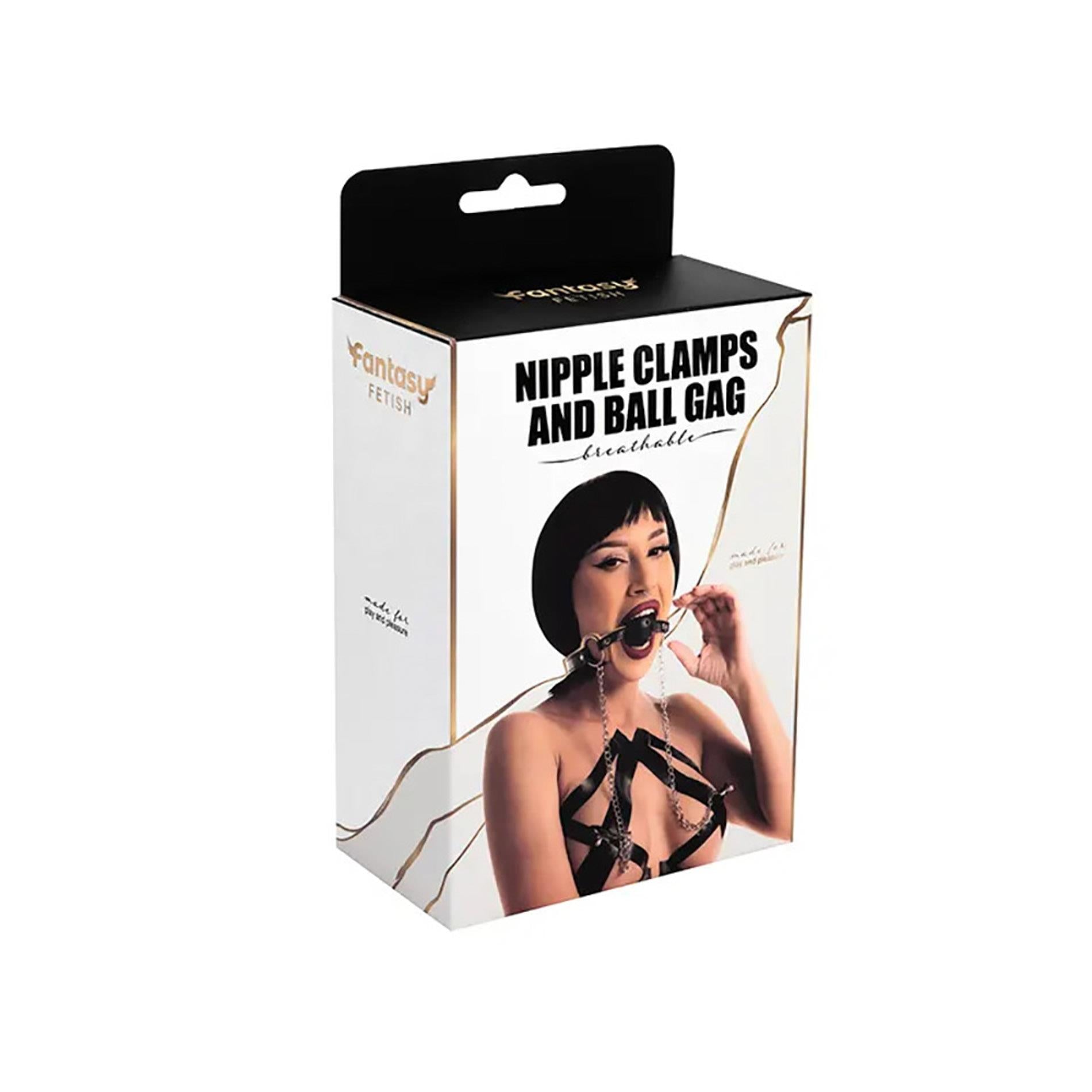 Breathable ball gag with adjustable nipple clamps.