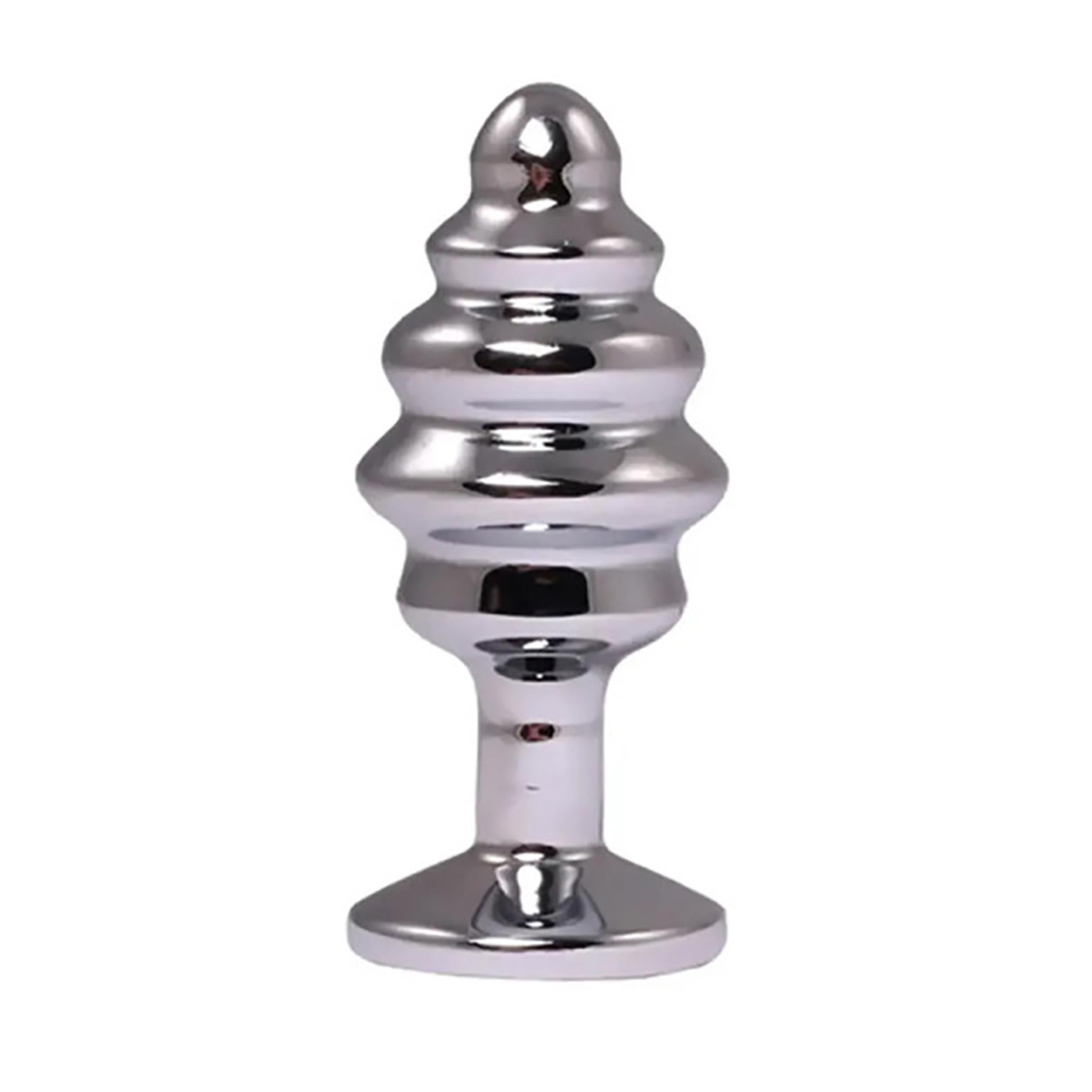 Silver medium ribbed butt plug with red crystal