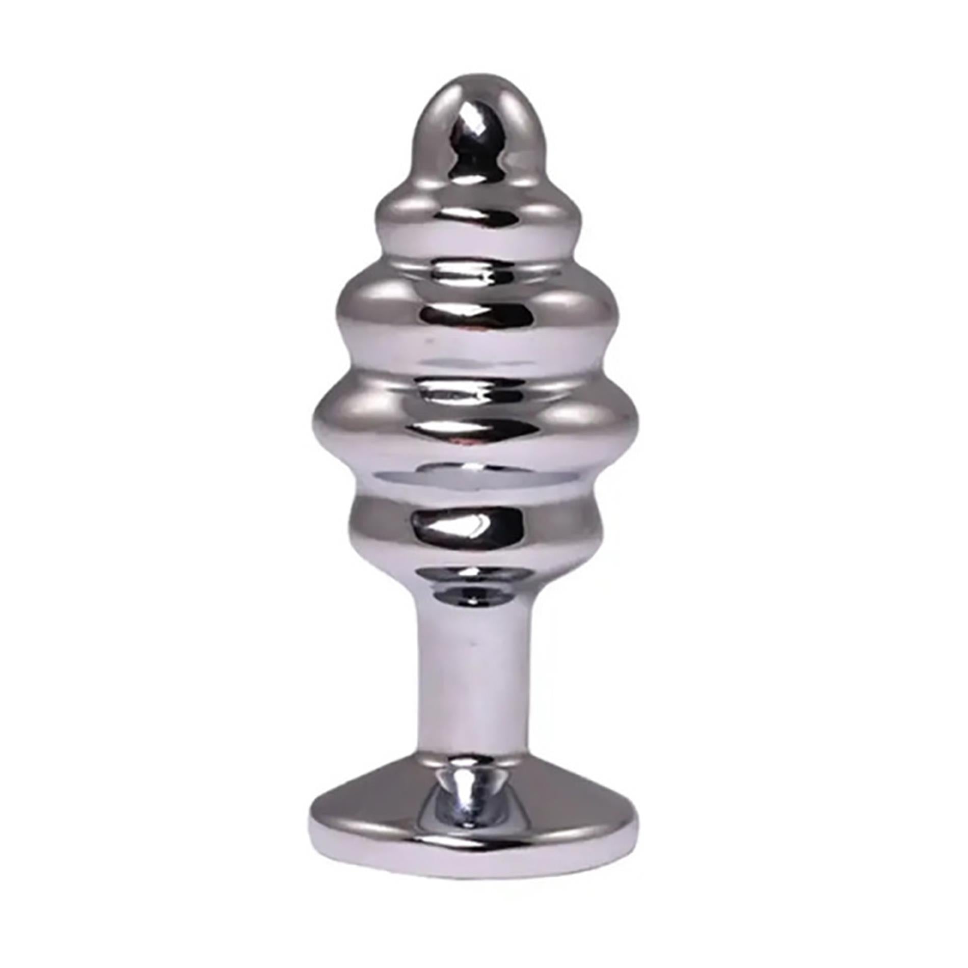Silver medium ribbed butt plug with white crystal