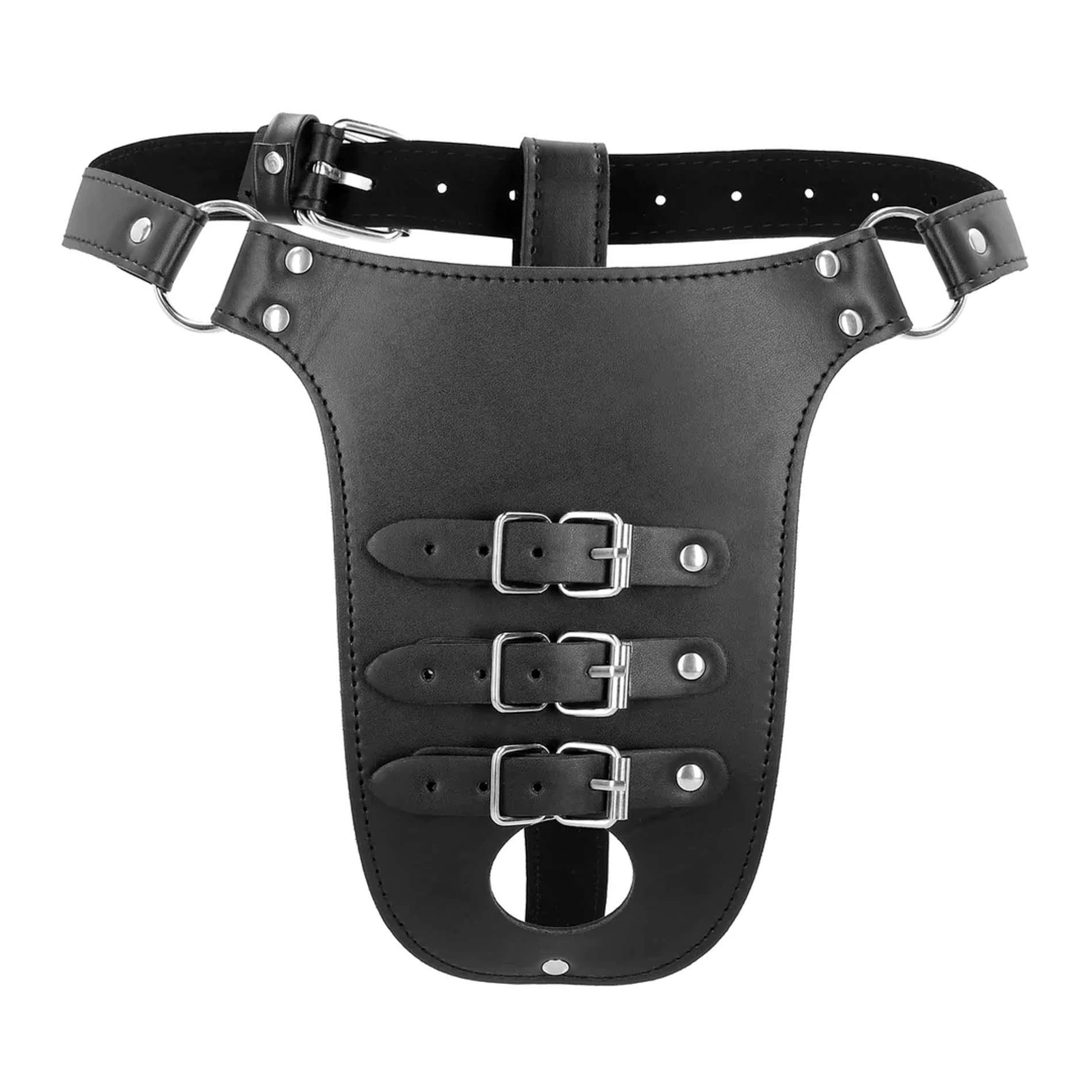 Ceinture de chasteté en cuir synthétique avec sangles - Noir