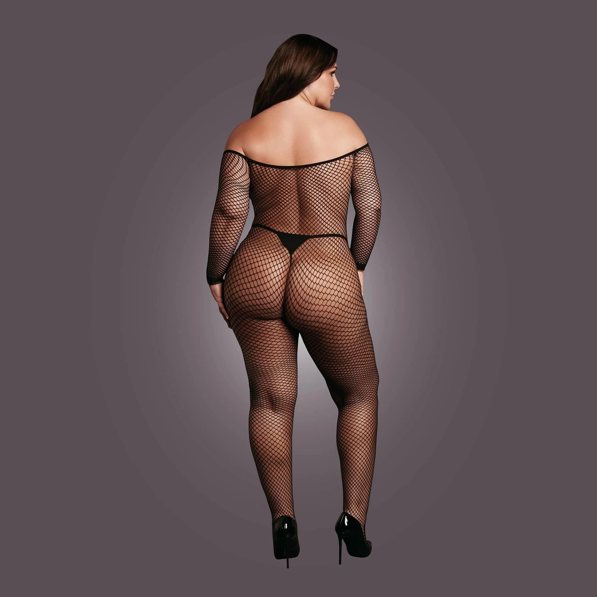 Bodystocking with off-shoulder neckline, fishnet structure, and open crotch.