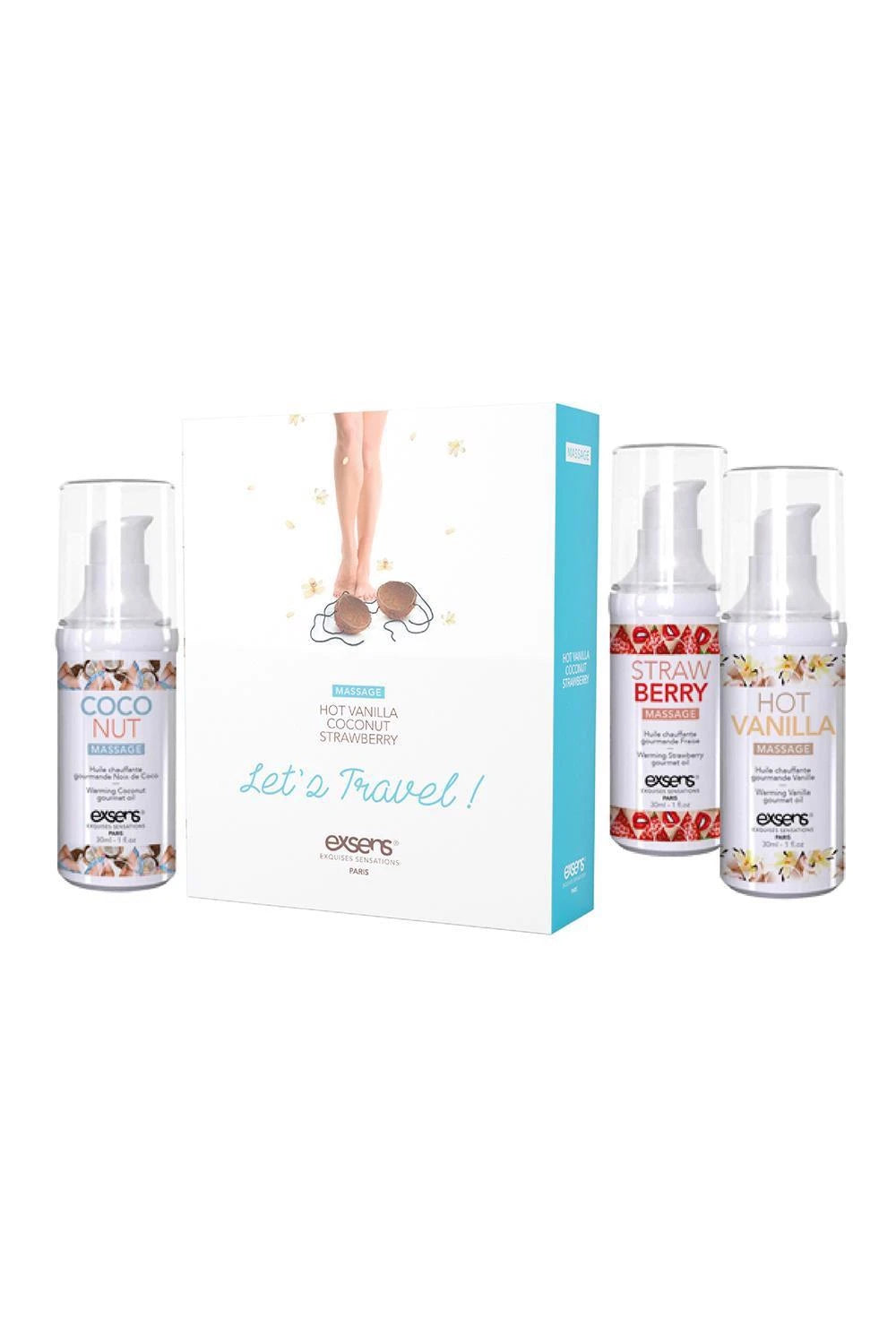 LET'S TRAVEL! Warming gourmet massage  oils (Strawberry, Hot Vanilla, Coconut) 3 x 30ml