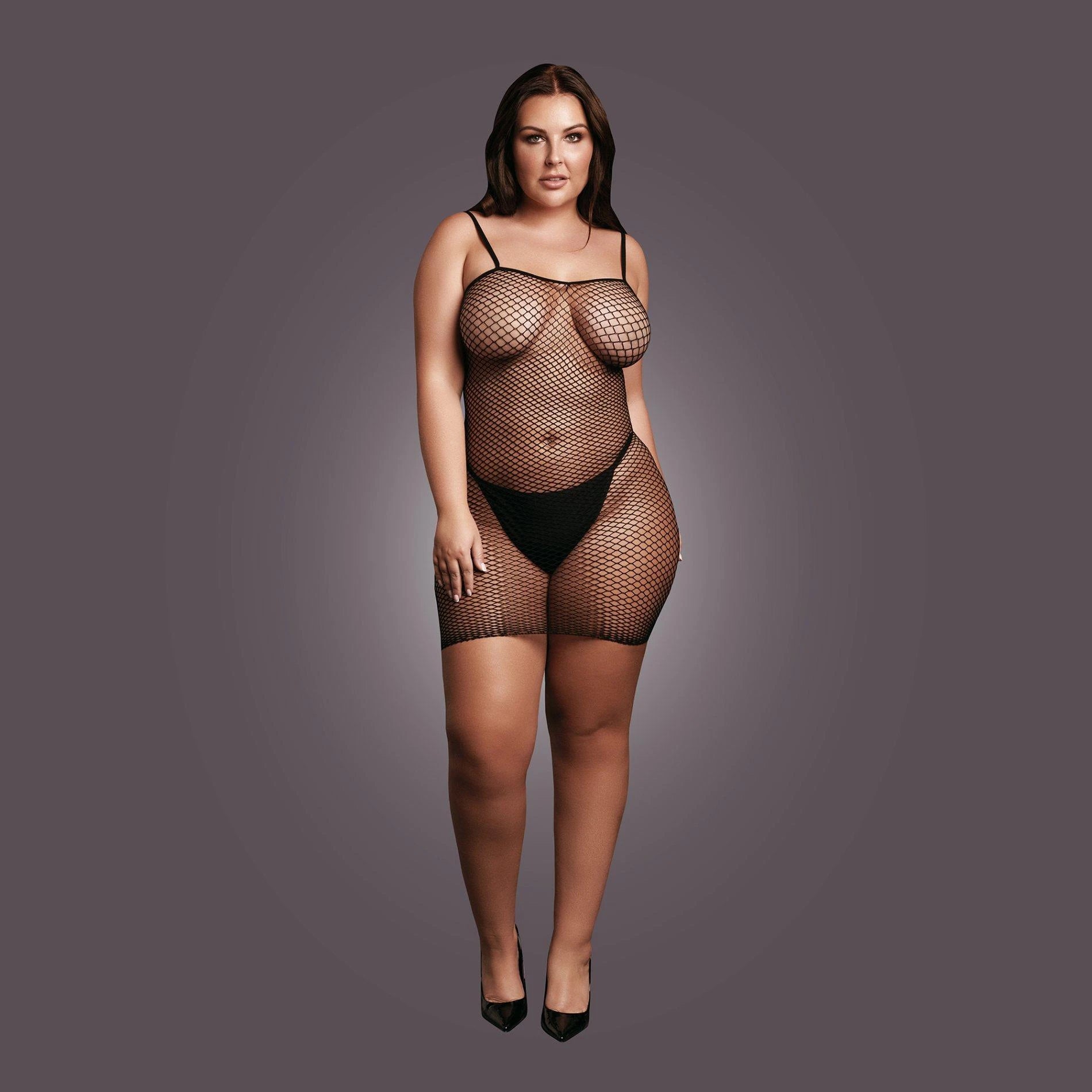 Mini dress with fishnet structure and spaghetti straps