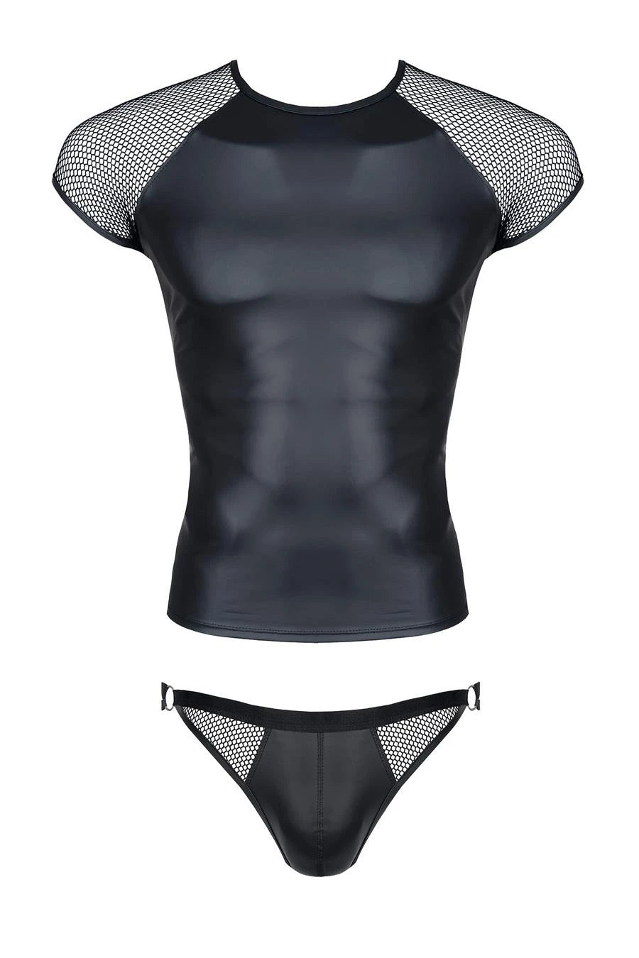 men's wetlook and stretchy mesh set: t-shirt, open-back briefs S