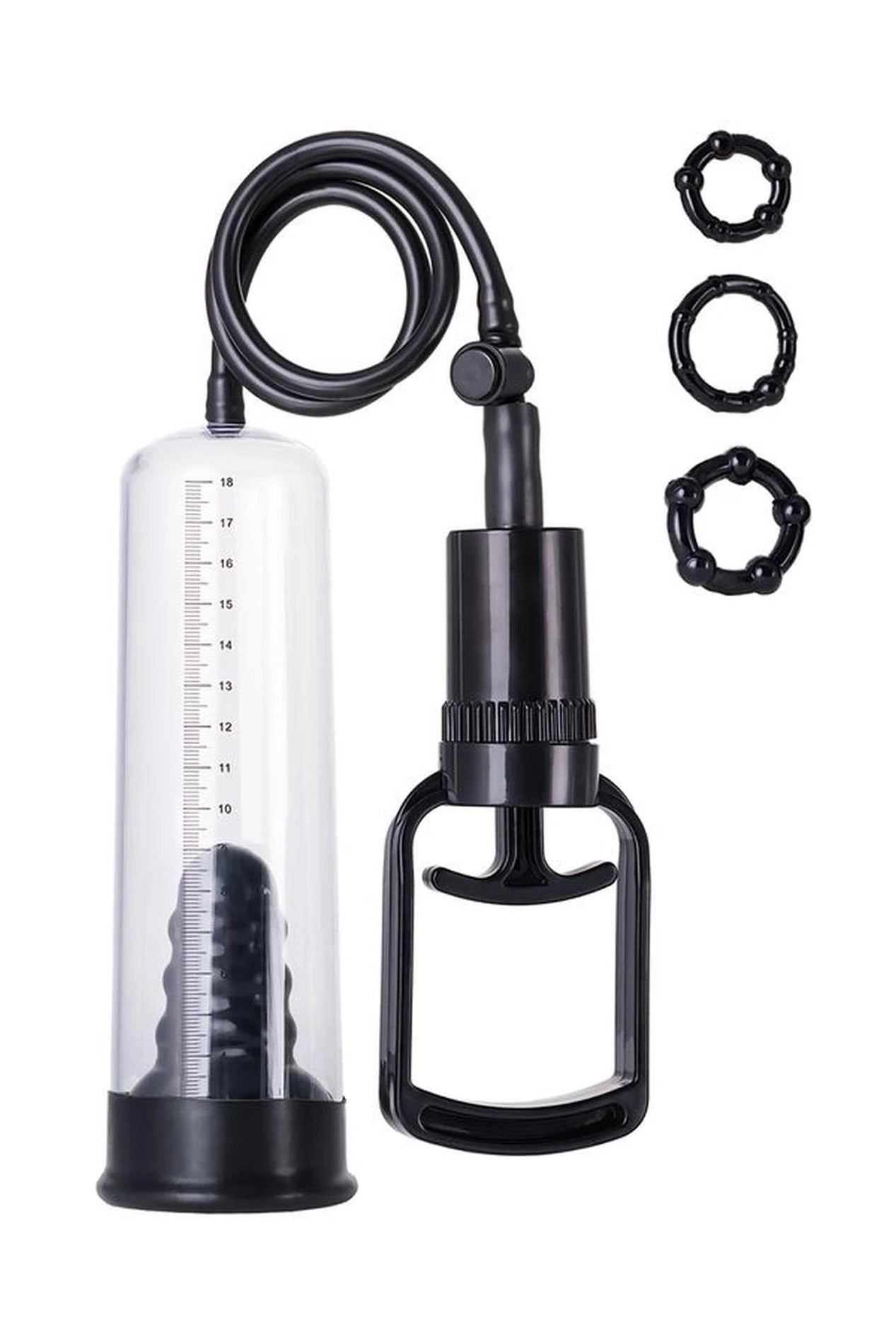 A-TOYS, Penis Pump, PVC, Black, 23.5 cm 3 cock rings included
