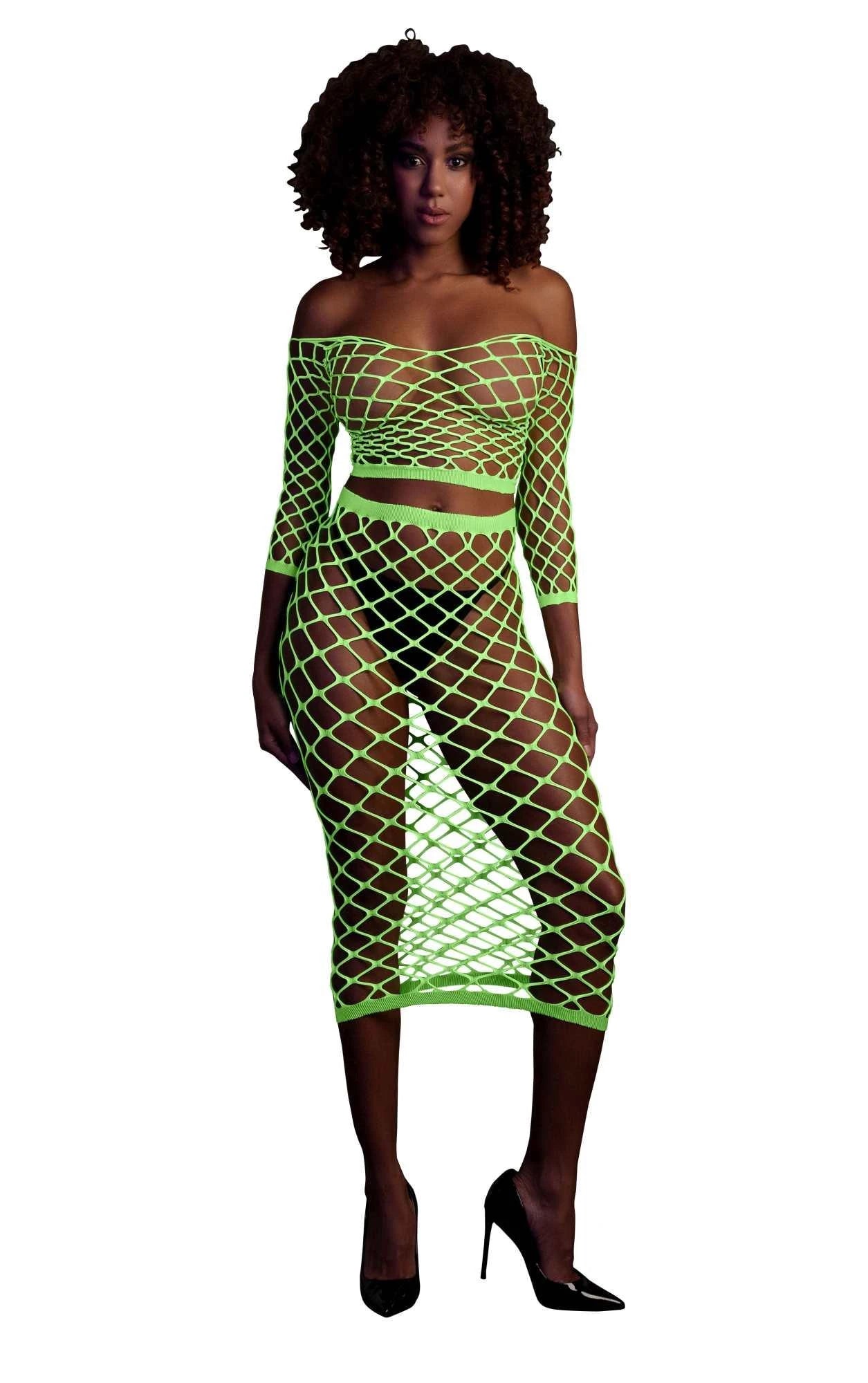 Long Sleeve Crop Top and Long Skirt - One Size - Neon Green