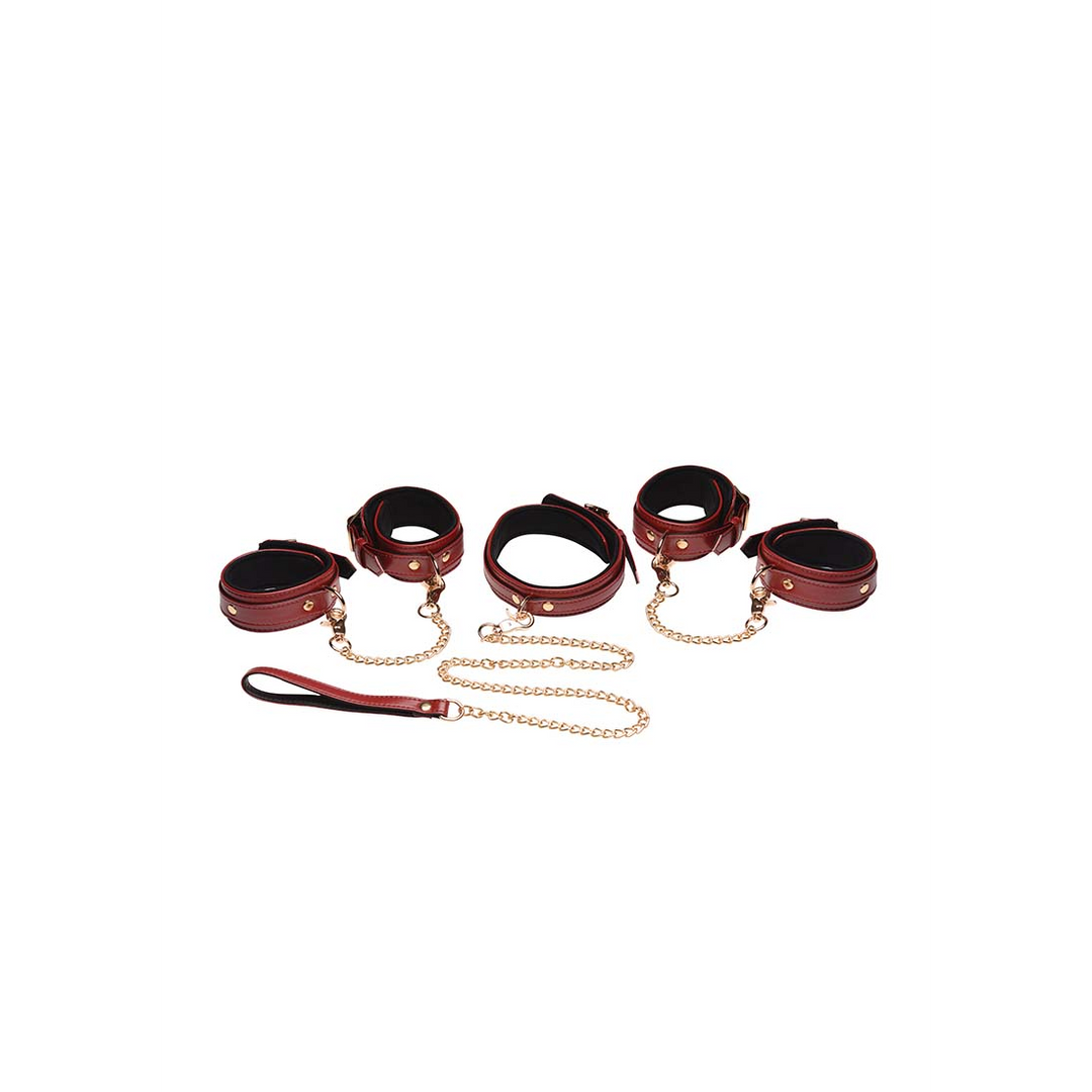 Ensemble de bondage bordeaux 6 pièces avec menottes, collier et ceinture