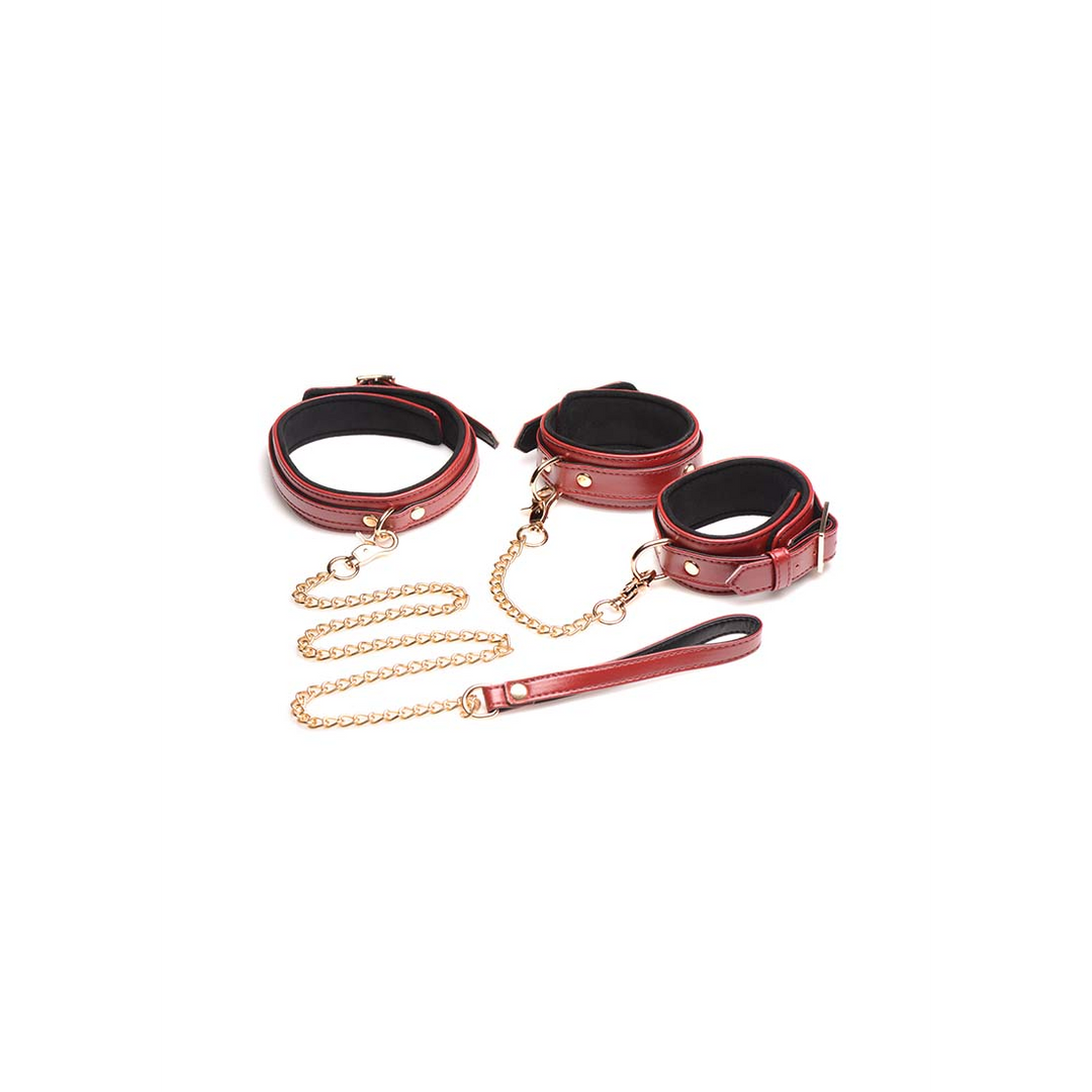 Ensemble de bondage bordeaux 6 pièces avec menottes, collier et ceinture