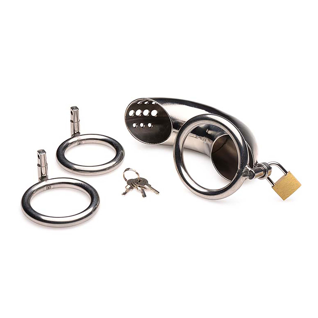 Cage de chasteté verrouillable en acier inoxydable avec 3 anneaux