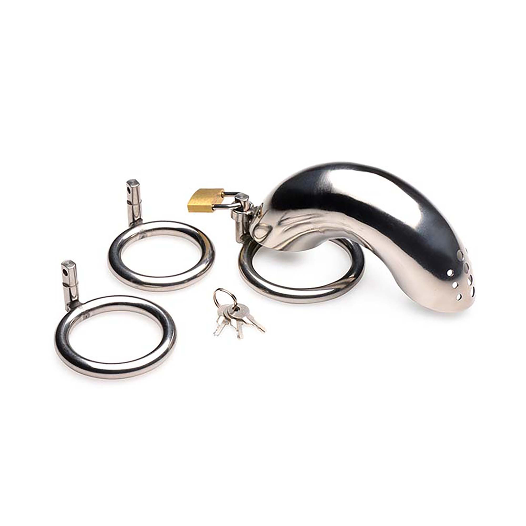 Cage de chasteté verrouillable en acier inoxydable avec 3 anneaux