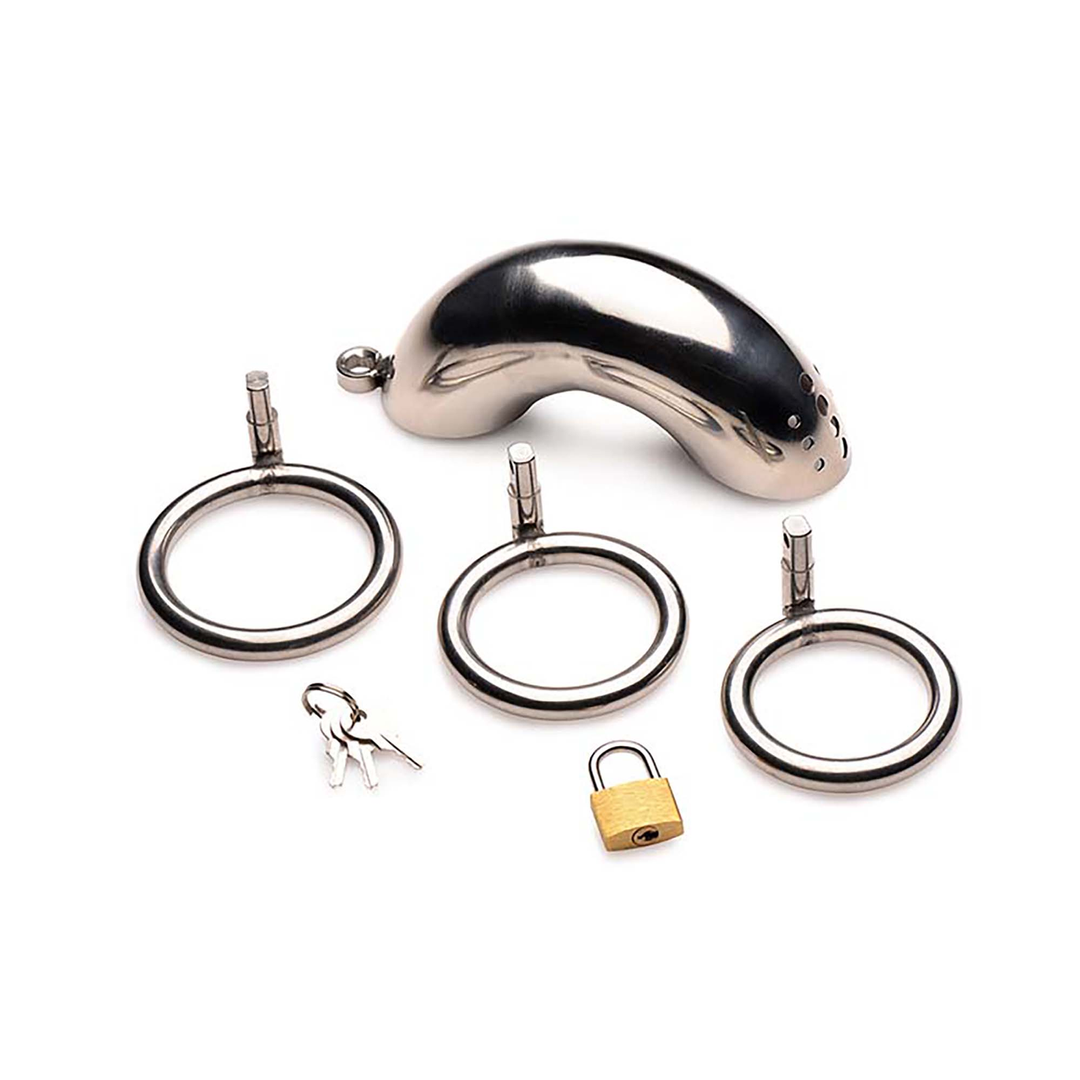 Cage de chasteté verrouillable en acier inoxydable avec 3 anneaux