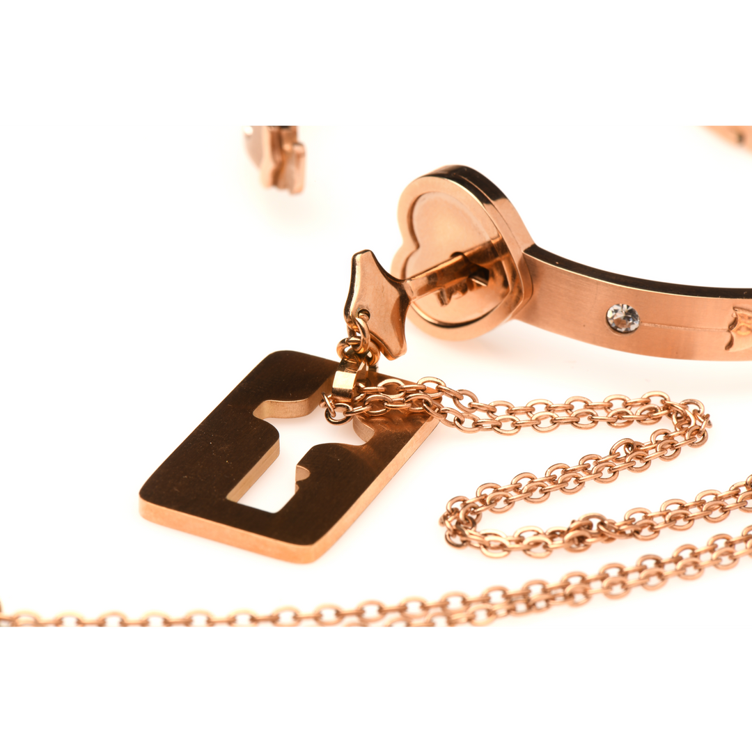 Cuffed Locking Bracelet and Key Necklace - Rose Gold