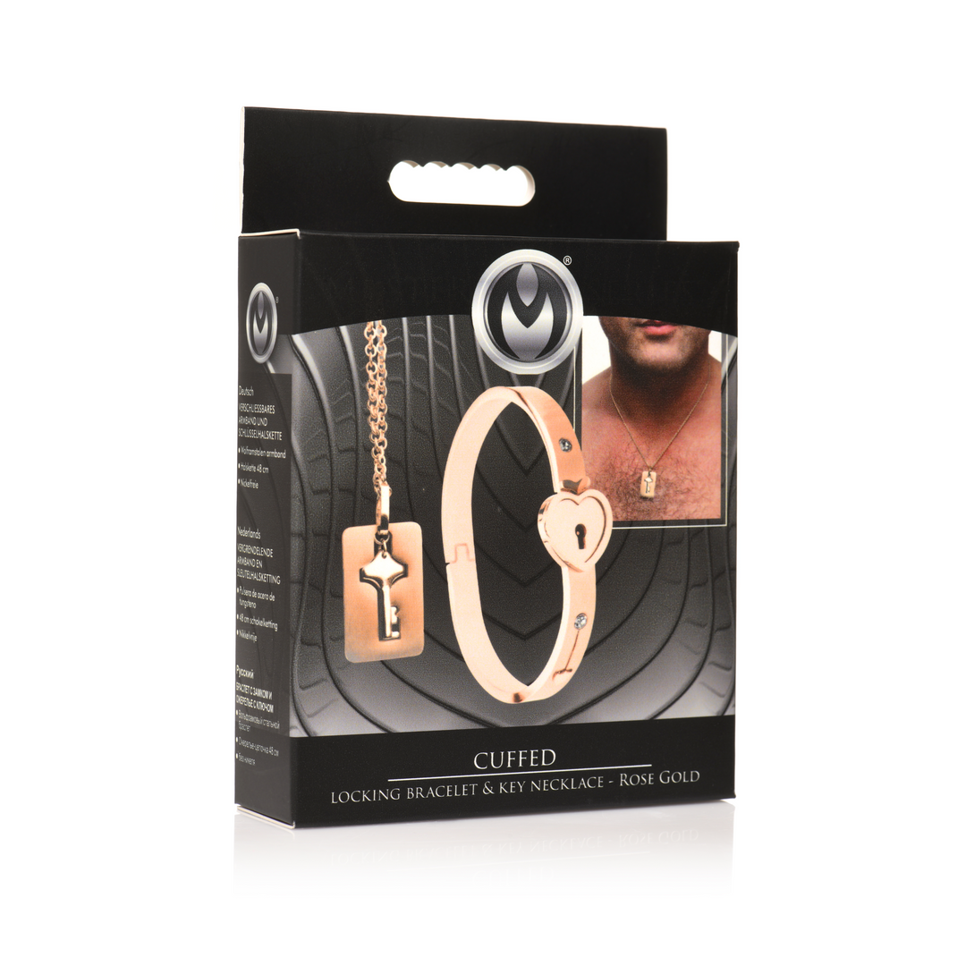 Cuffed Locking Bracelet and Key Necklace - Rose Gold