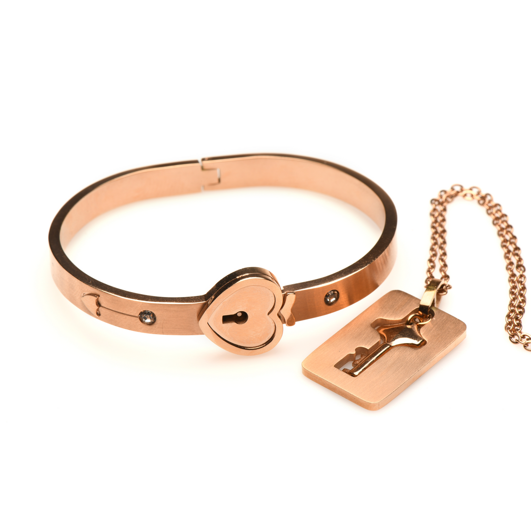 Cuffed Locking Bracelet and Key Necklace - Rose Gold