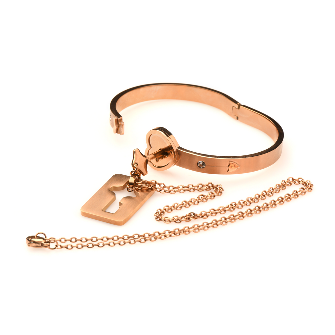 Cuffed Locking Bracelet and Key Necklace - Rose Gold