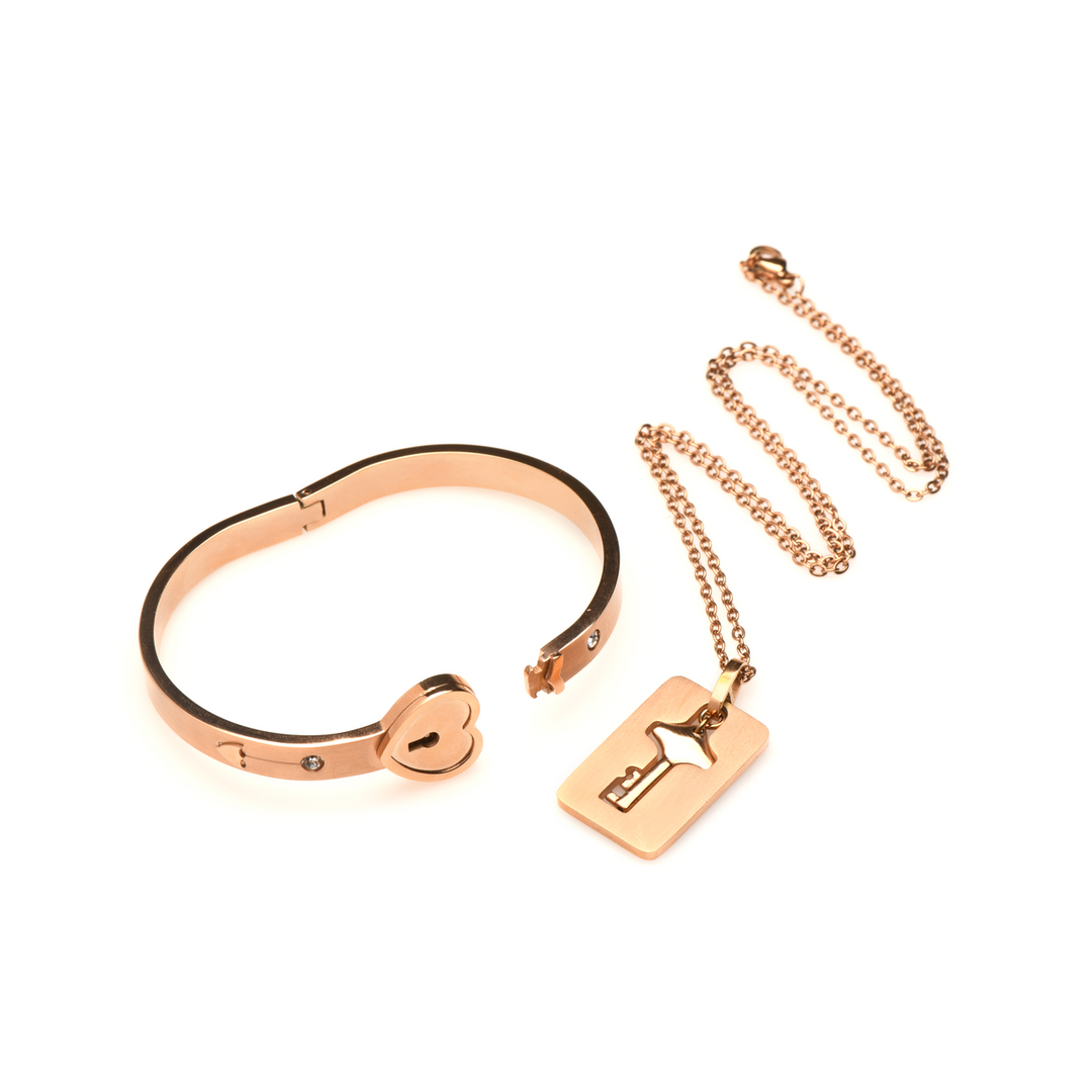 Cuffed Locking Bracelet and Key Necklace - Rose Gold