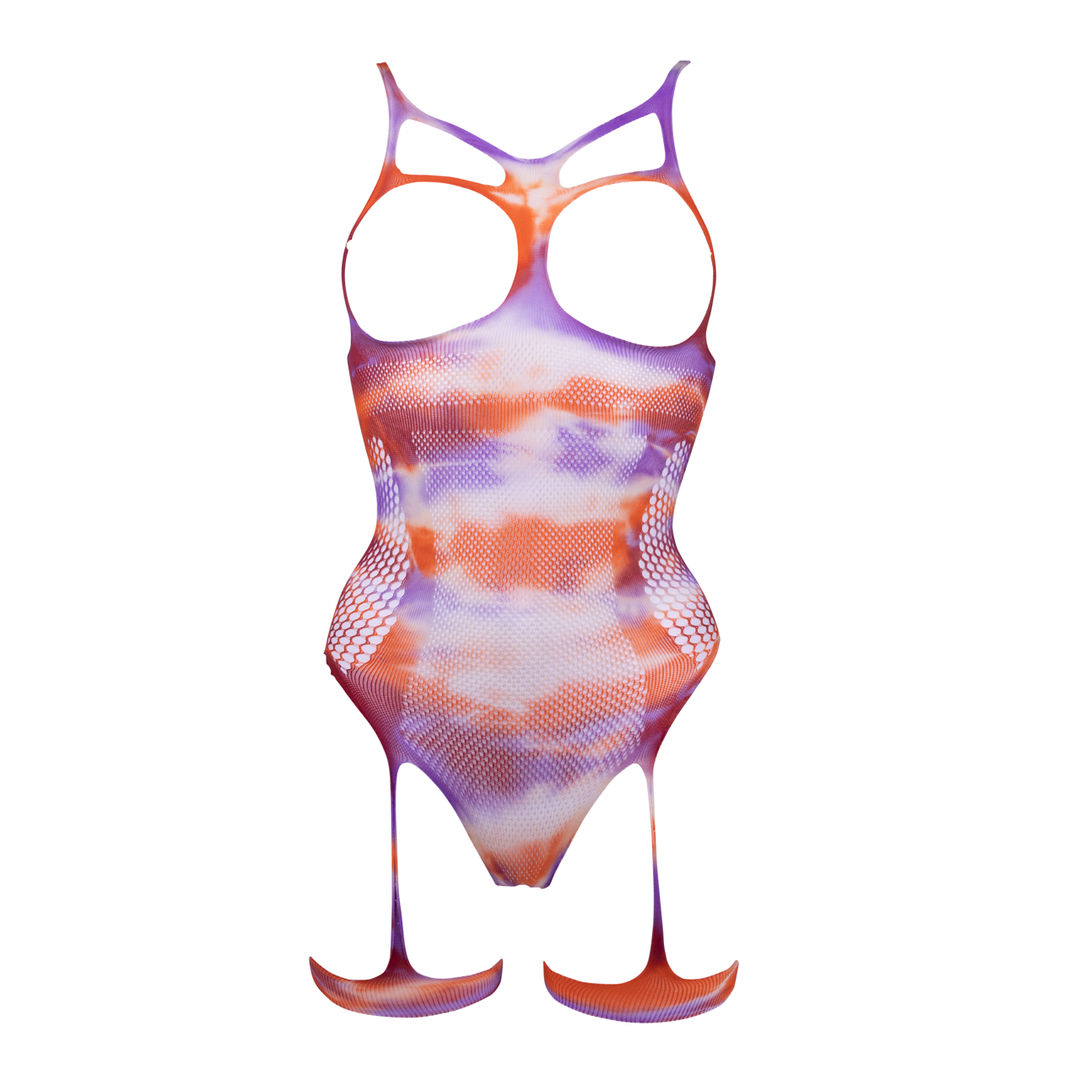 Open-Cup Strappy Teddy and Dazzling Nipple Bling Sticker - One Size - Multicolor