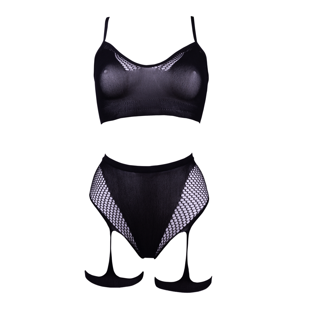 2-Piece Bra Set with Garters - One Size - Black