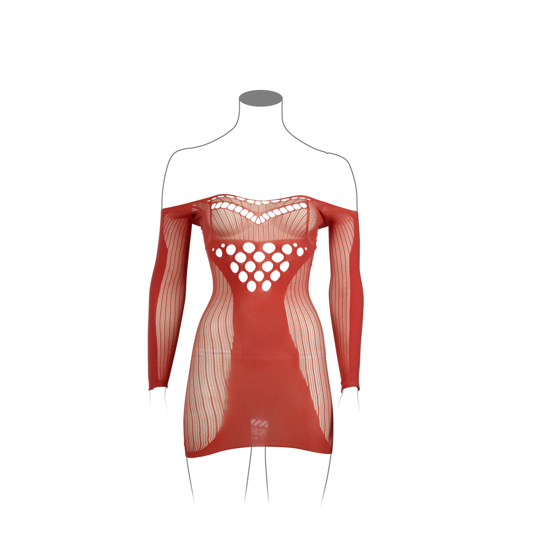 Long-Sleeved Net Mini Dress - One Size - Red