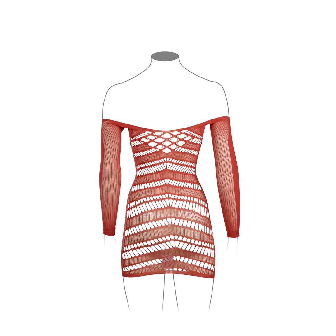 Long-Sleeved Net Mini Dress - One Size - Red