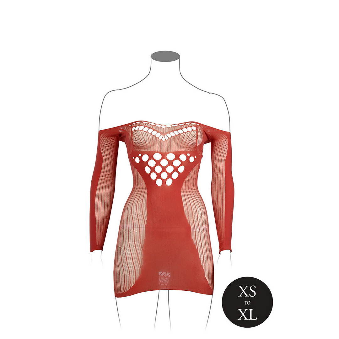 Long-Sleeved Net Mini Dress - One Size - Red