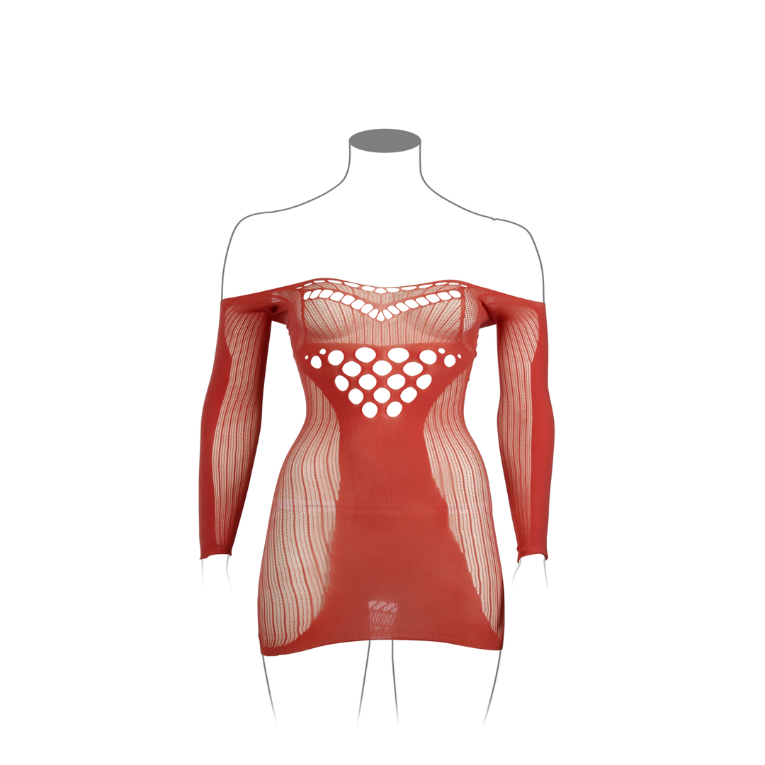Long-Sleeved Net Mini Dress - Queen Size - Red